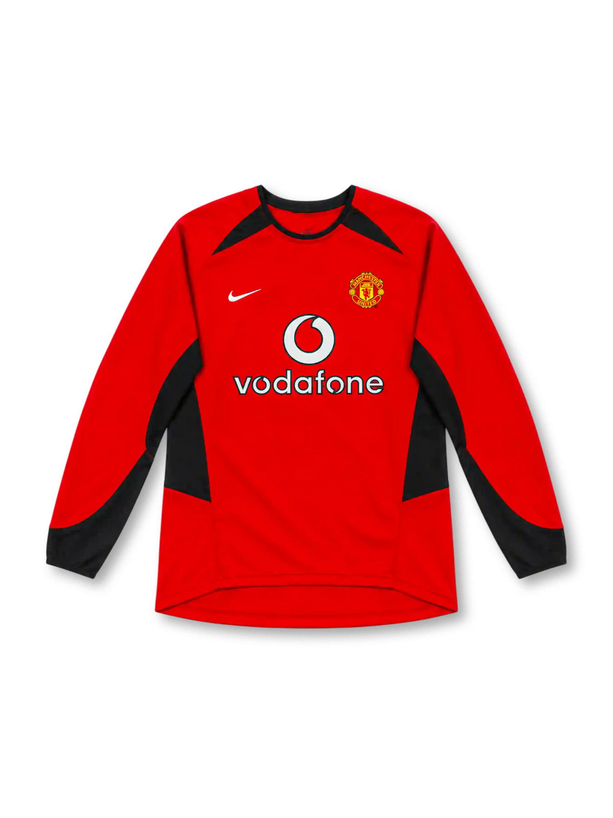 Manchester United 2002–04 red home long-sleeve jersey with black sleeve and side panels, white Nike Swoosh, club crest and Vodafone sponsor.