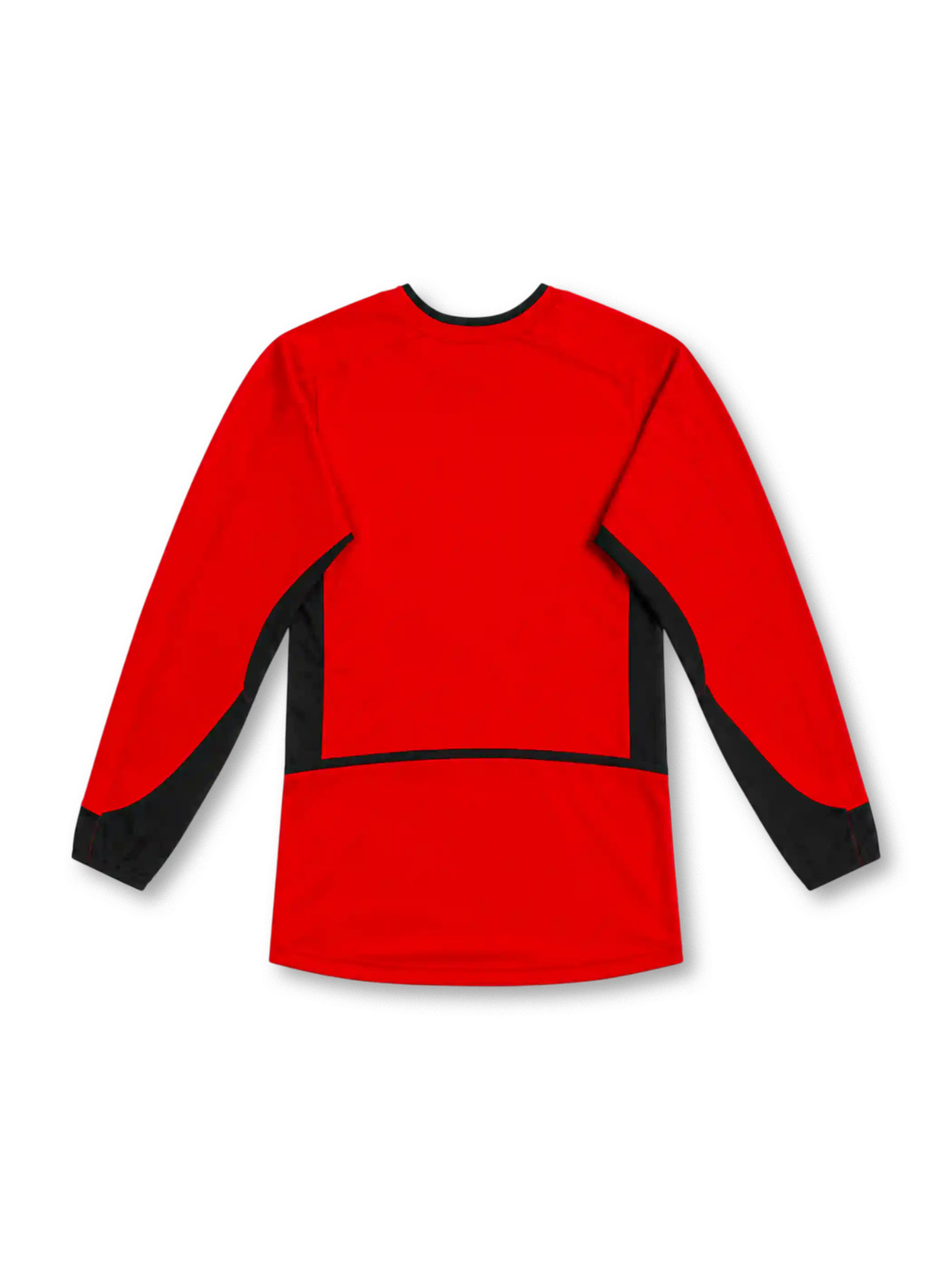 Manchester United 2002–04 red home long-sleeve jersey with black sleeve and side panels, white Nike Swoosh, club crest and Vodafone sponsor.