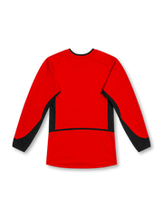Manchester United 2002–04 red home long-sleeve jersey with black sleeve and side panels, white Nike Swoosh, club crest and Vodafone sponsor.