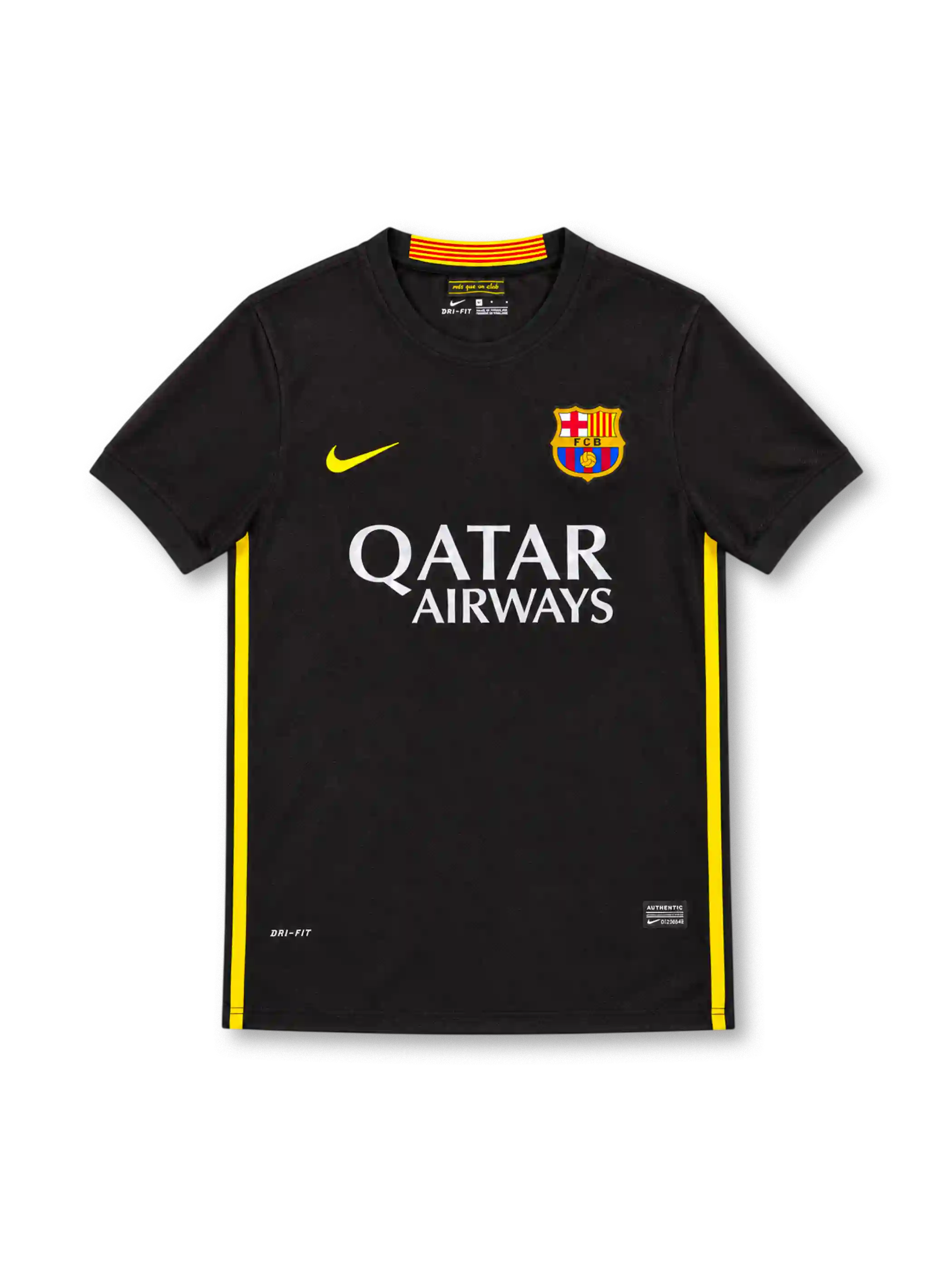 Barcelona 2013/14 black jersey with yellow Nike Swoosh, yellow side stripes, FC Barcelona crest, white Qatar Airways sponsor and Dri-FIT branding.