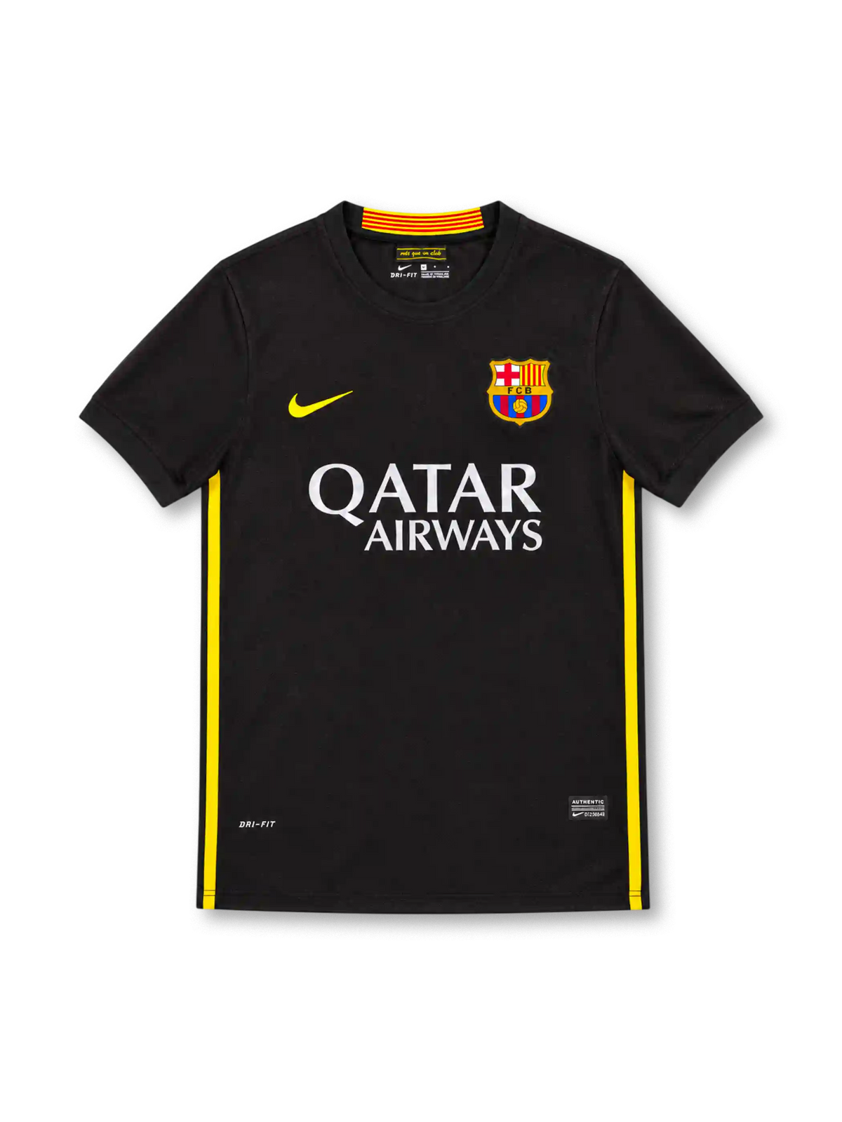 Barcelona 2013/14 black jersey with yellow Nike Swoosh, yellow side stripes, FC Barcelona crest, white Qatar Airways sponsor and Dri-FIT branding.