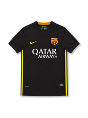 Barcelona 2013/14 black jersey with yellow Nike Swoosh, yellow side stripes, FC Barcelona crest, white Qatar Airways sponsor and Dri-FIT branding.