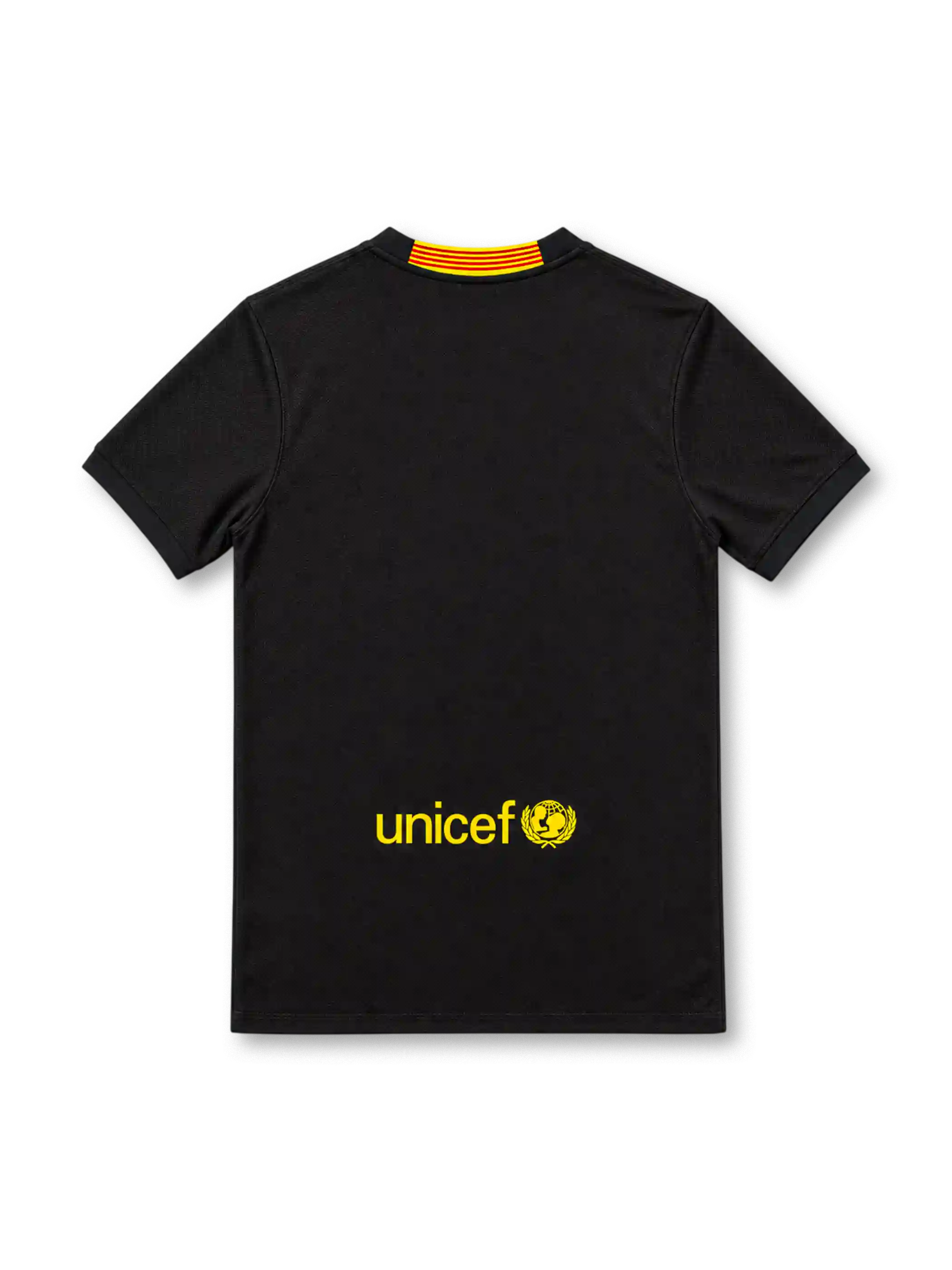 Barcelona 2013/14 black jersey with yellow Nike Swoosh, yellow side stripes, FC Barcelona crest, white Qatar Airways sponsor and Dri-FIT branding.