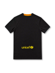 Barcelona 2013/14 black jersey with yellow Nike Swoosh, yellow side stripes, FC Barcelona crest, white Qatar Airways sponsor and Dri-FIT branding.