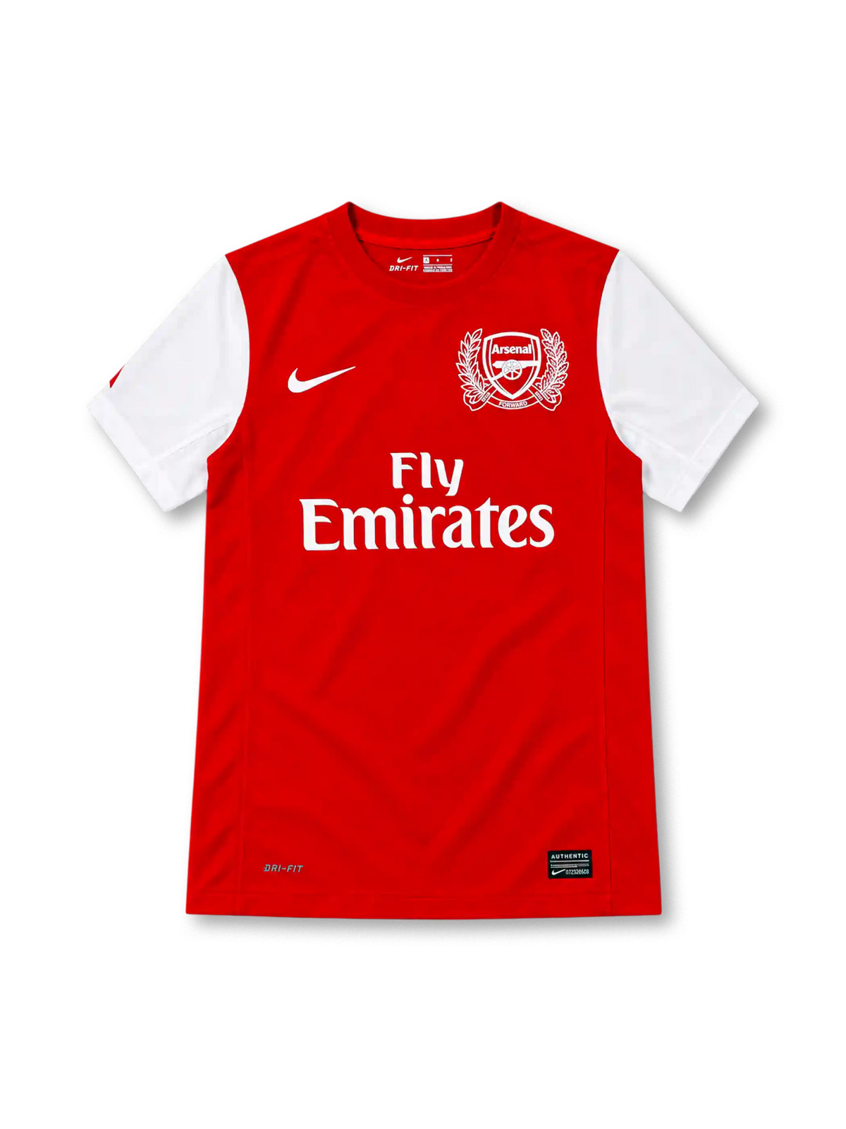 Arsenal 2011/12 red home jersey with white sleeves, white Nike Swoosh, Fly Emirates sponsor, and special 125th-anniversary laurel crest.