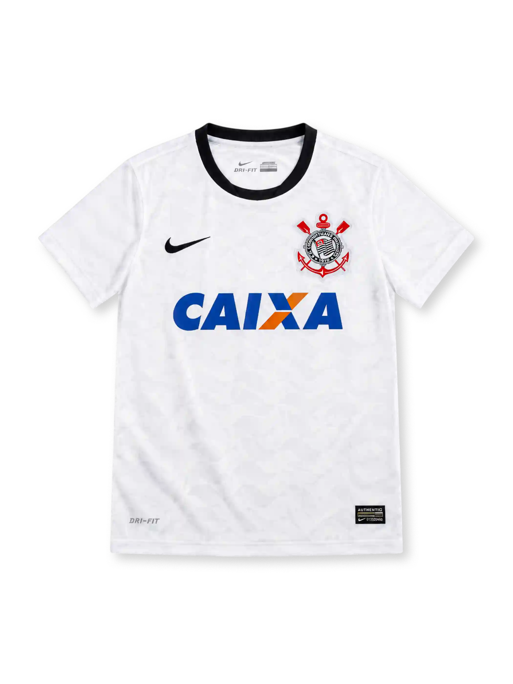 Corinthians 2012/13 white home jersey with black Nike Swoosh, black crew neck, Corinthians crest, blue-and-orange CAIXA sponsor and Dri-FIT branding.
