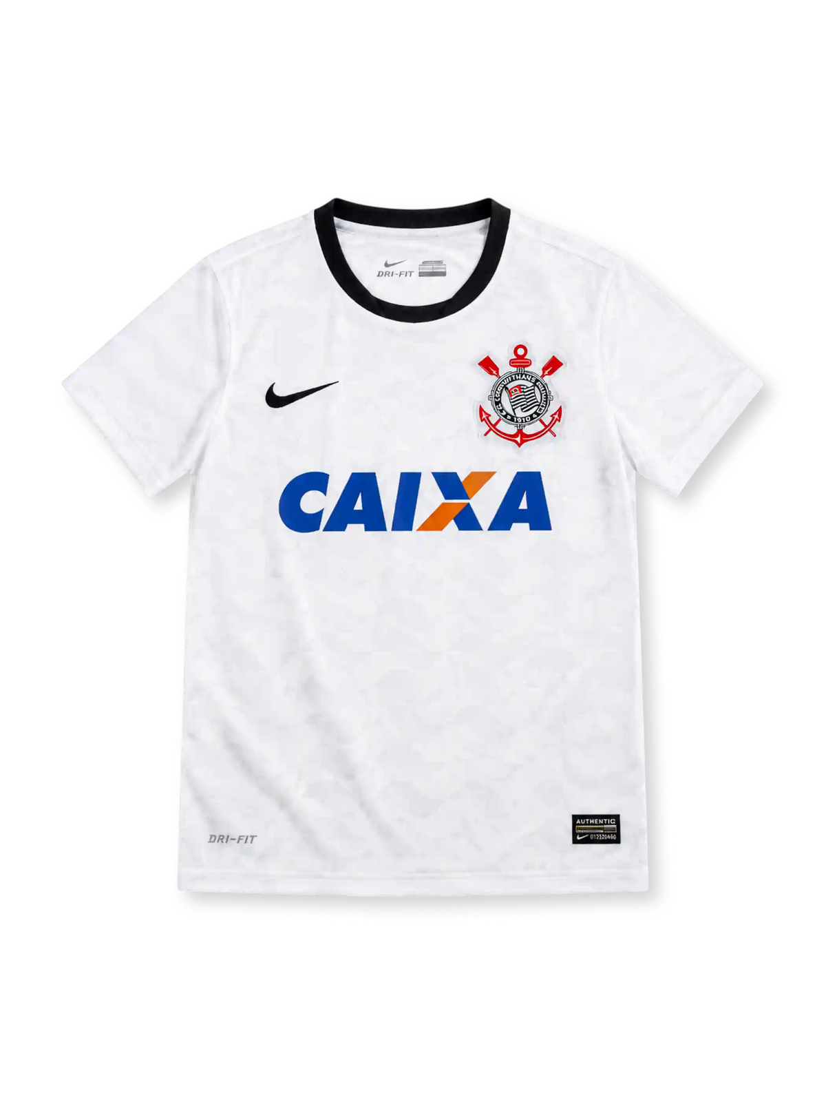 Corinthians 2012/13 white home jersey with black Nike Swoosh, black crew neck, Corinthians crest, blue-and-orange CAIXA sponsor and Dri-FIT branding.