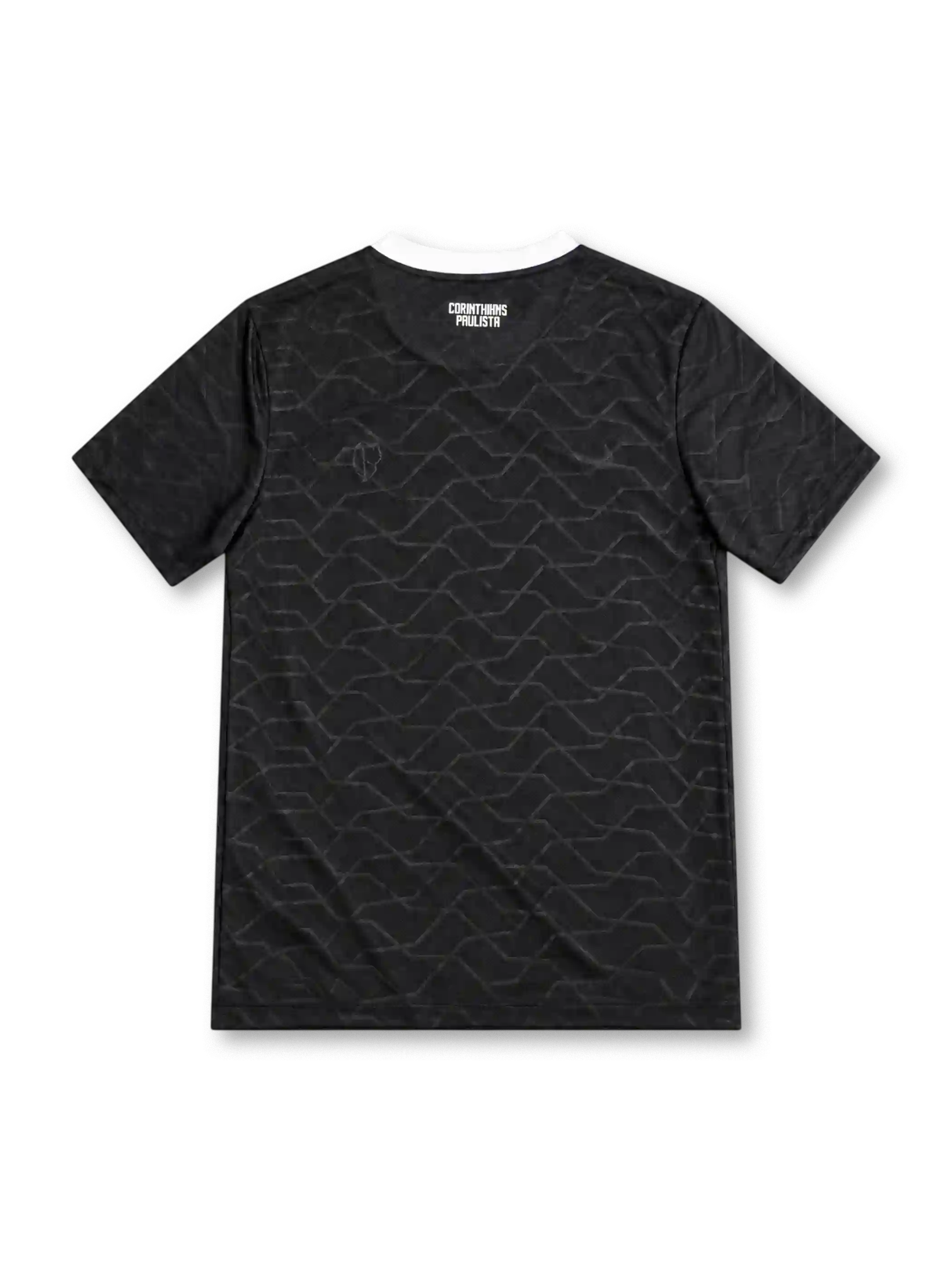 Corinthians 2012/13 black away jersey with tonal geometric pattern, white Nike Swoosh, club crest, CAIXA sponsor and white crew neck trim.