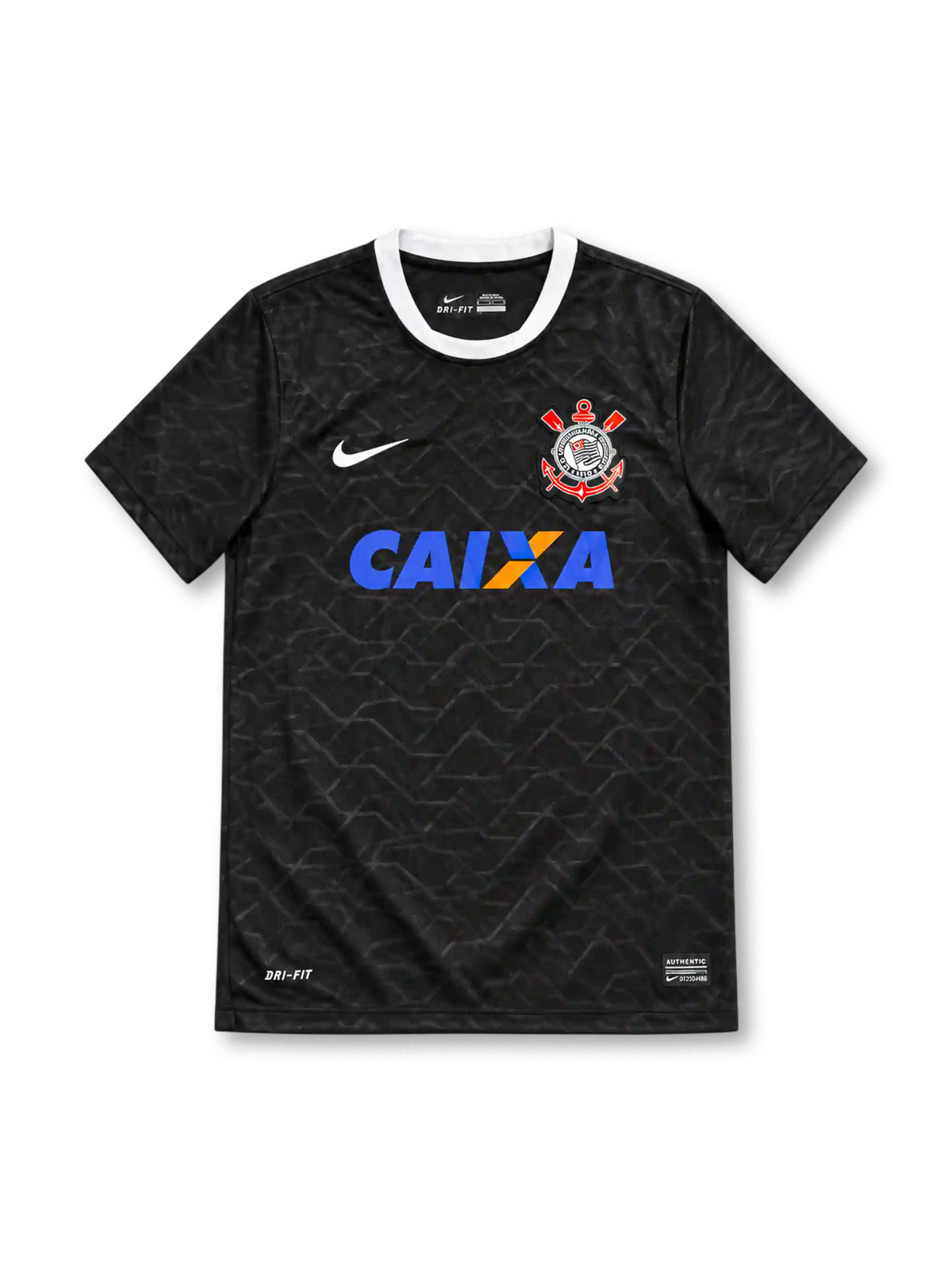 Corinthians 2012/13 black away jersey with tonal geometric pattern, white Nike Swoosh, club crest, CAIXA sponsor and white crew neck trim.