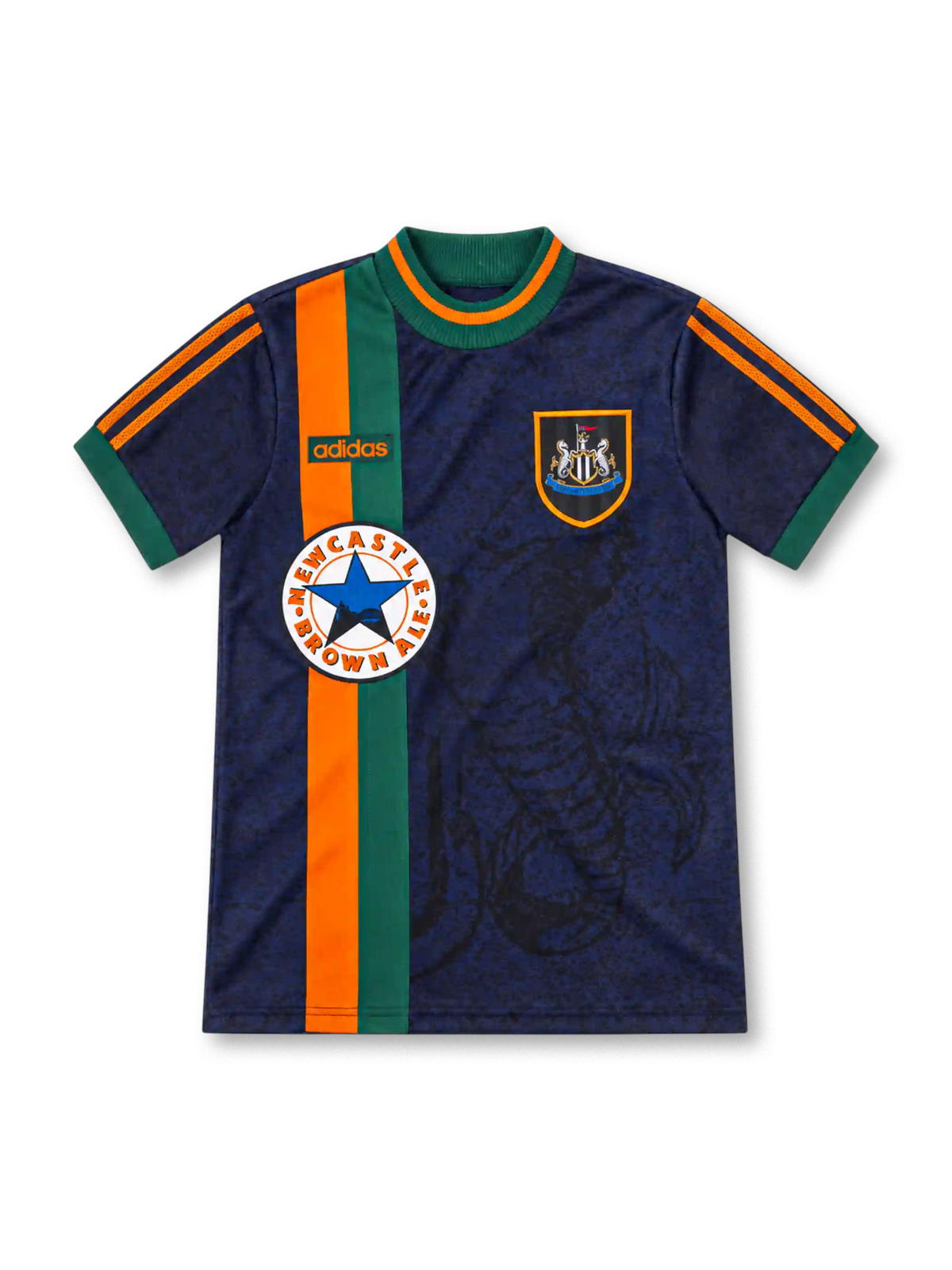 Newcastle United 1997/98 navy away jersey with orange and green vertical stripes, adidas shoulder detailing, club crest and circular Newcastle Brown Ale sponsor.