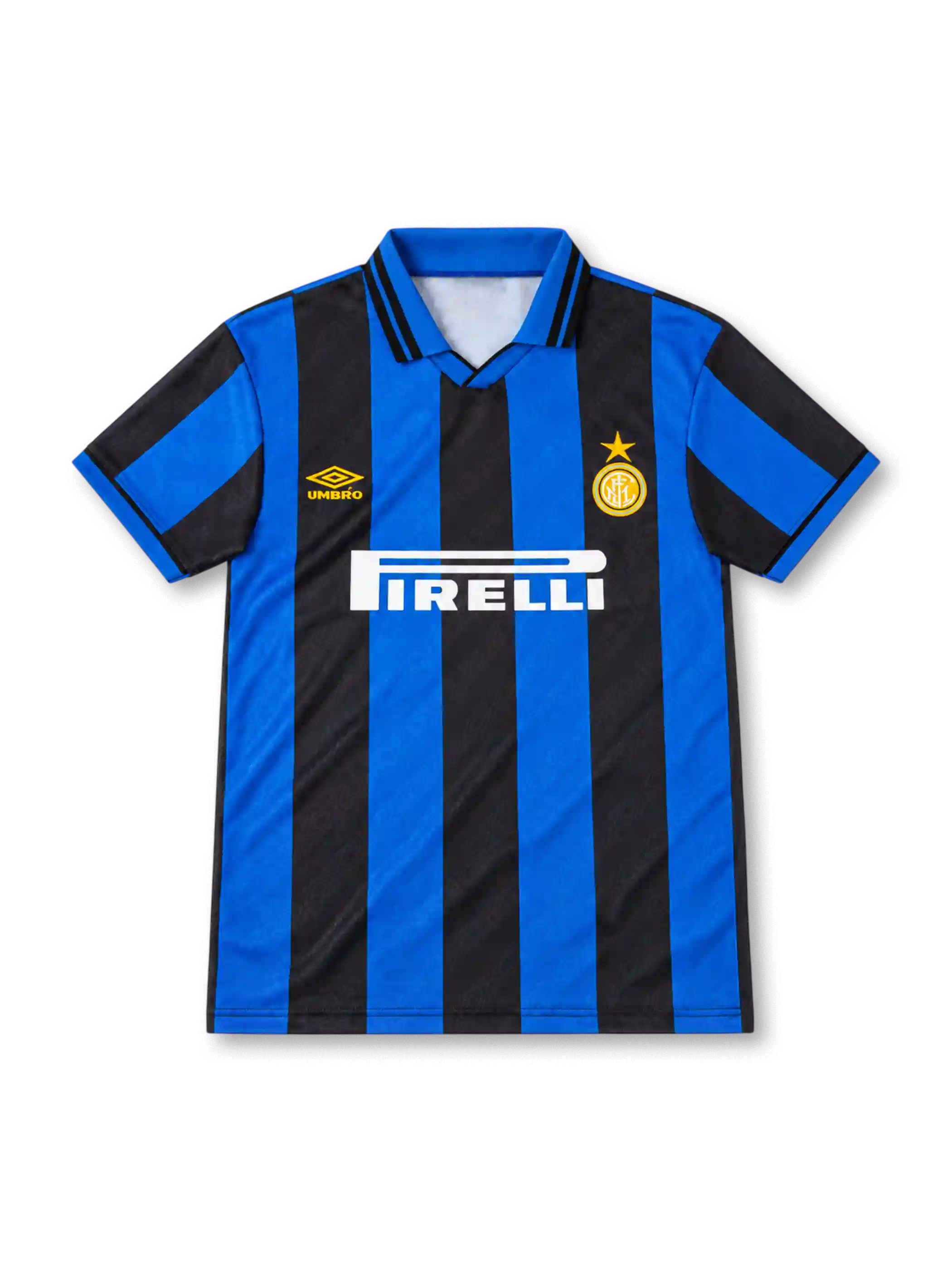 Inter Milan 1995/97 home jersey with blue and black vertical stripes, yellow Umbro logo, gold-star club crest and white Pirelli sponsor.