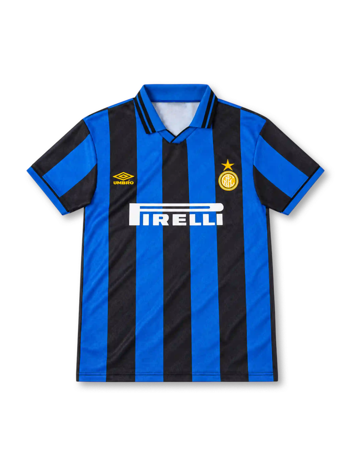 Inter Milan 1995/97 home jersey with blue and black vertical stripes, yellow Umbro logo, gold-star club crest and white Pirelli sponsor.