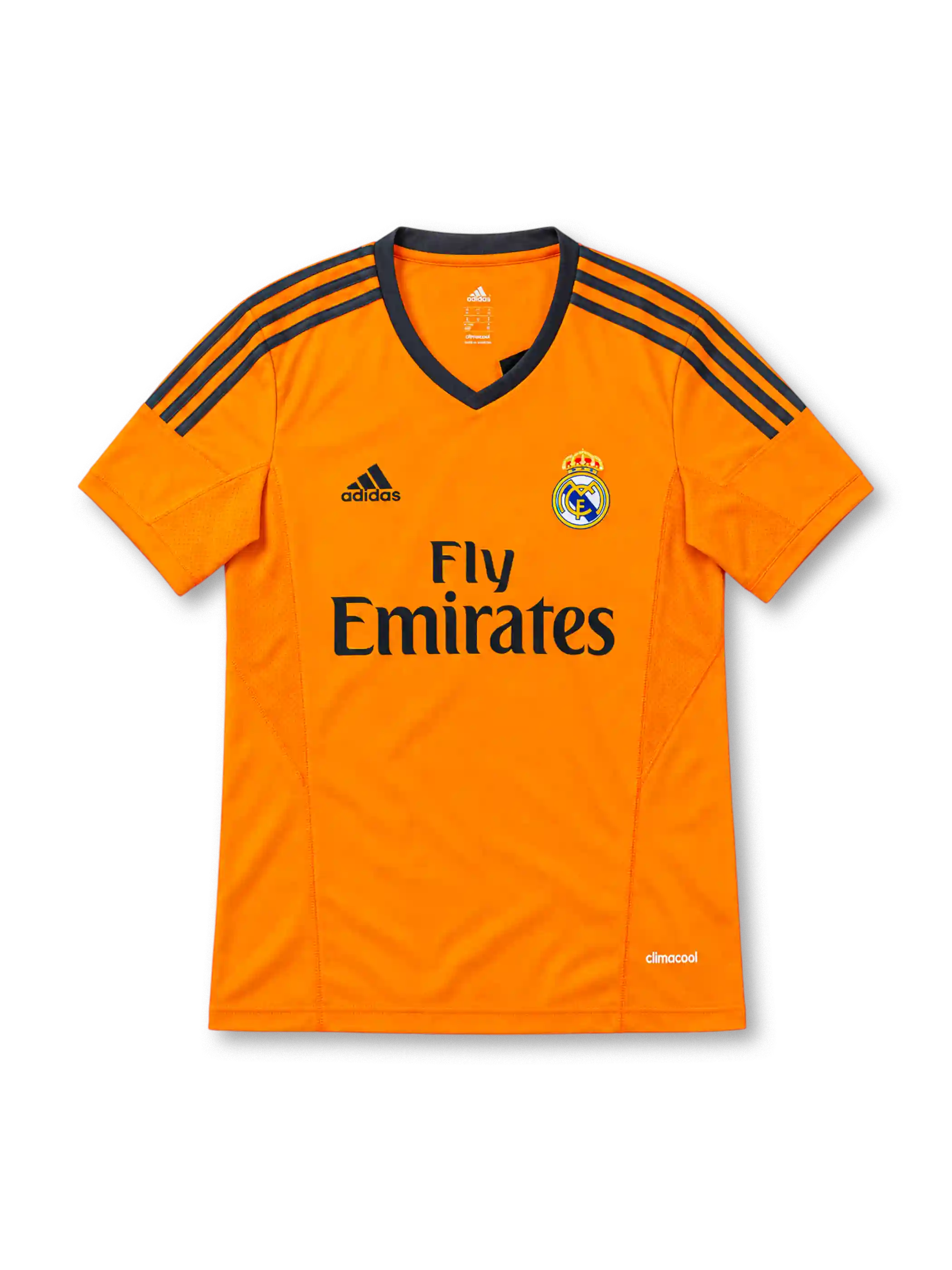 Real Madrid 2013/14 third jersey in bright orange with navy adidas stripes and Fly Emirates sponsor