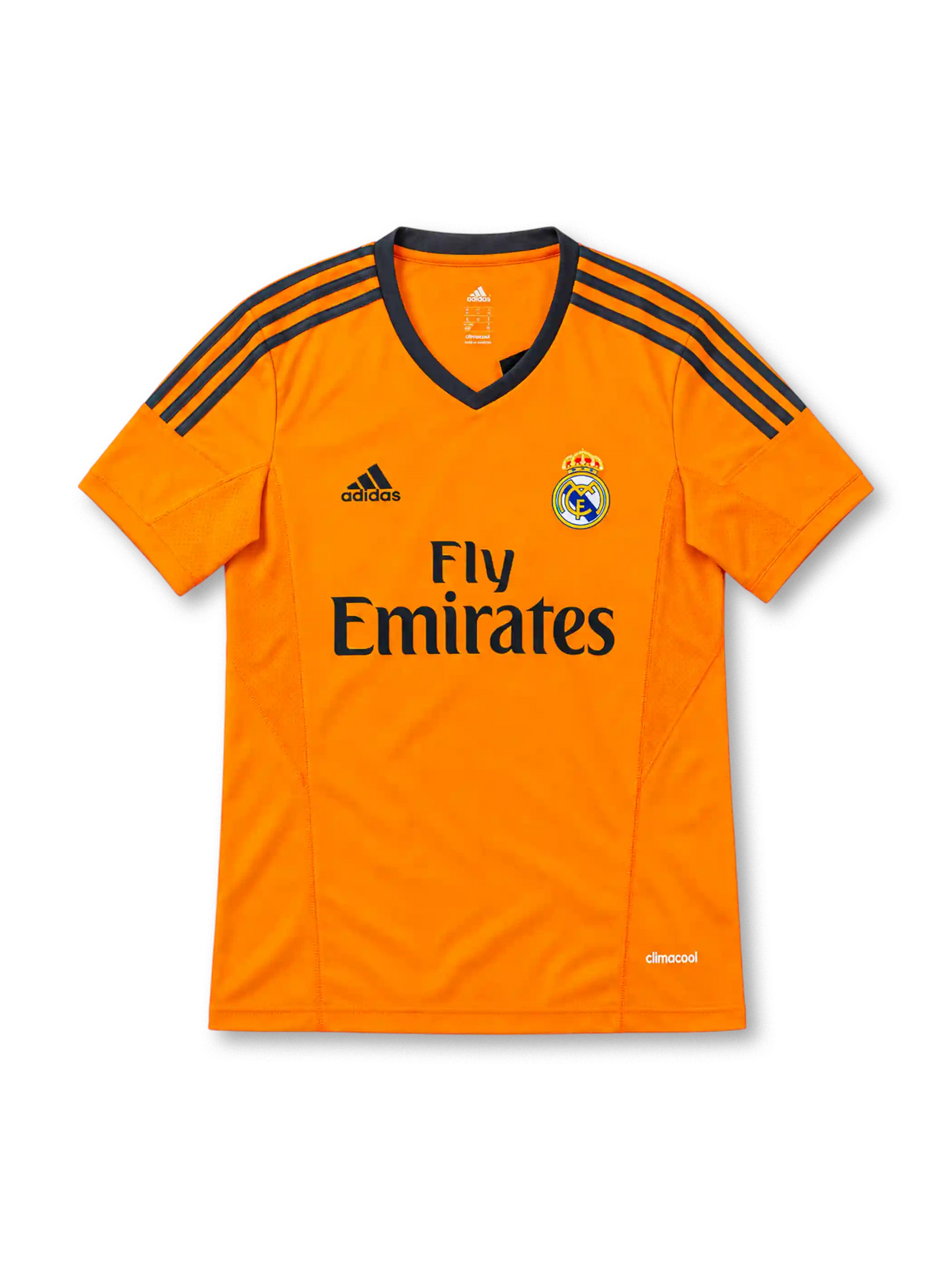Real Madrid 2013/14 third jersey in bright orange with navy adidas stripes and Fly Emirates sponsor
