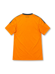 Real Madrid 2013/14 third jersey in bright orange with navy adidas stripes and Fly Emirates sponsor