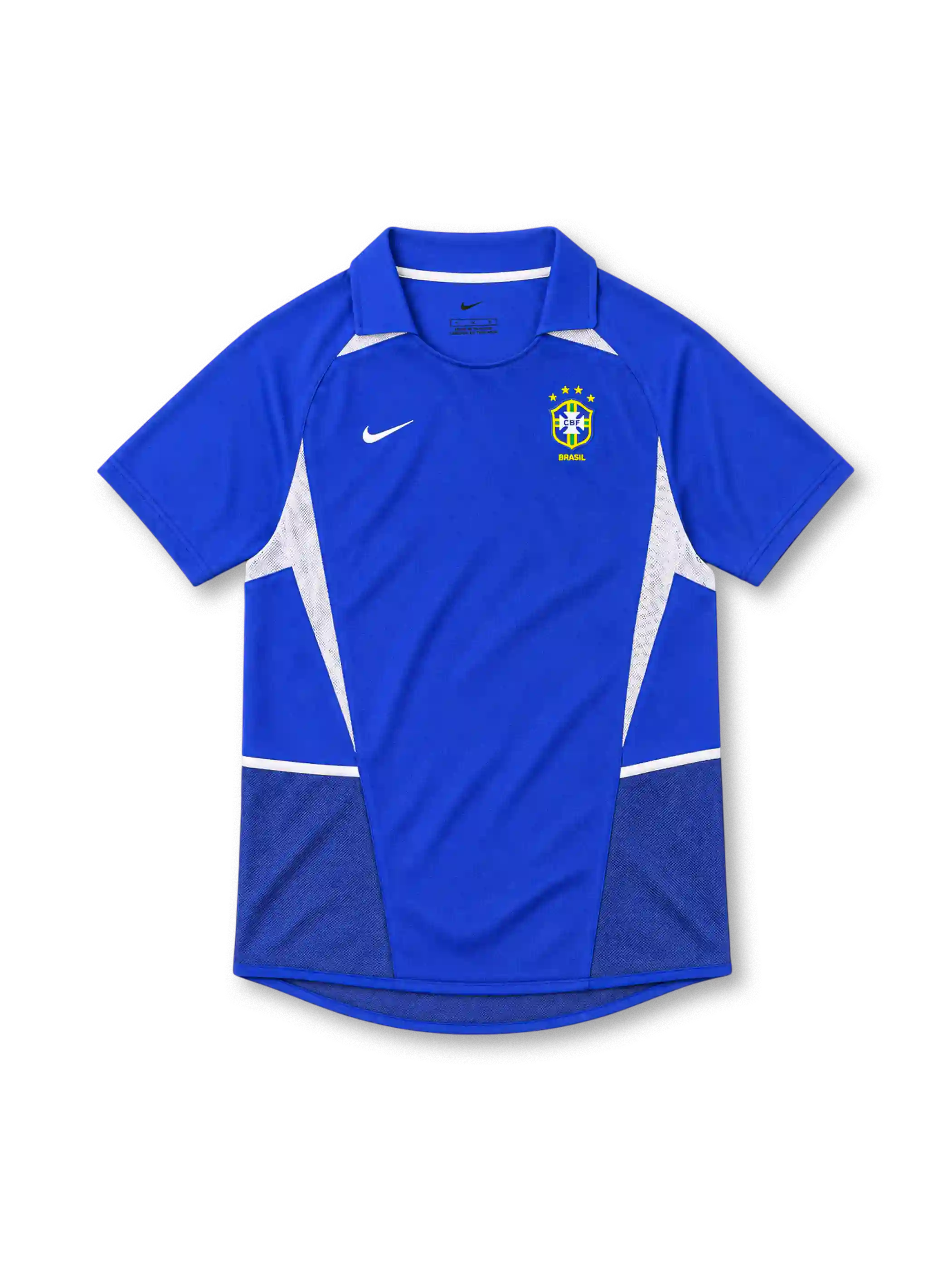 Brazil 2002 royal-blue away jersey by Nike with white mesh side panels, fold-down collar and four-star CBF crest.