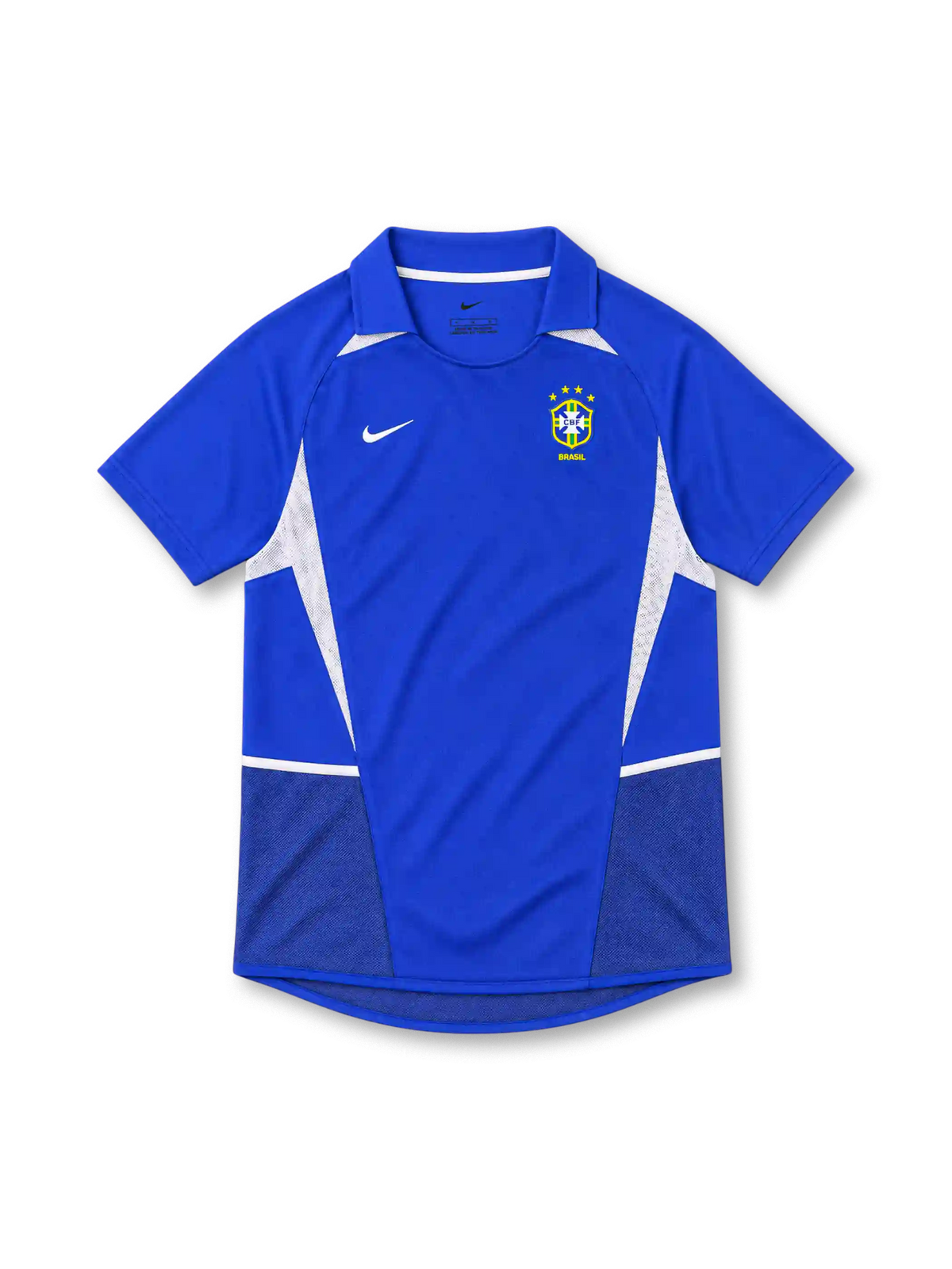 Brazil 2002 royal-blue away jersey by Nike with white mesh side panels, fold-down collar and four-star CBF crest.