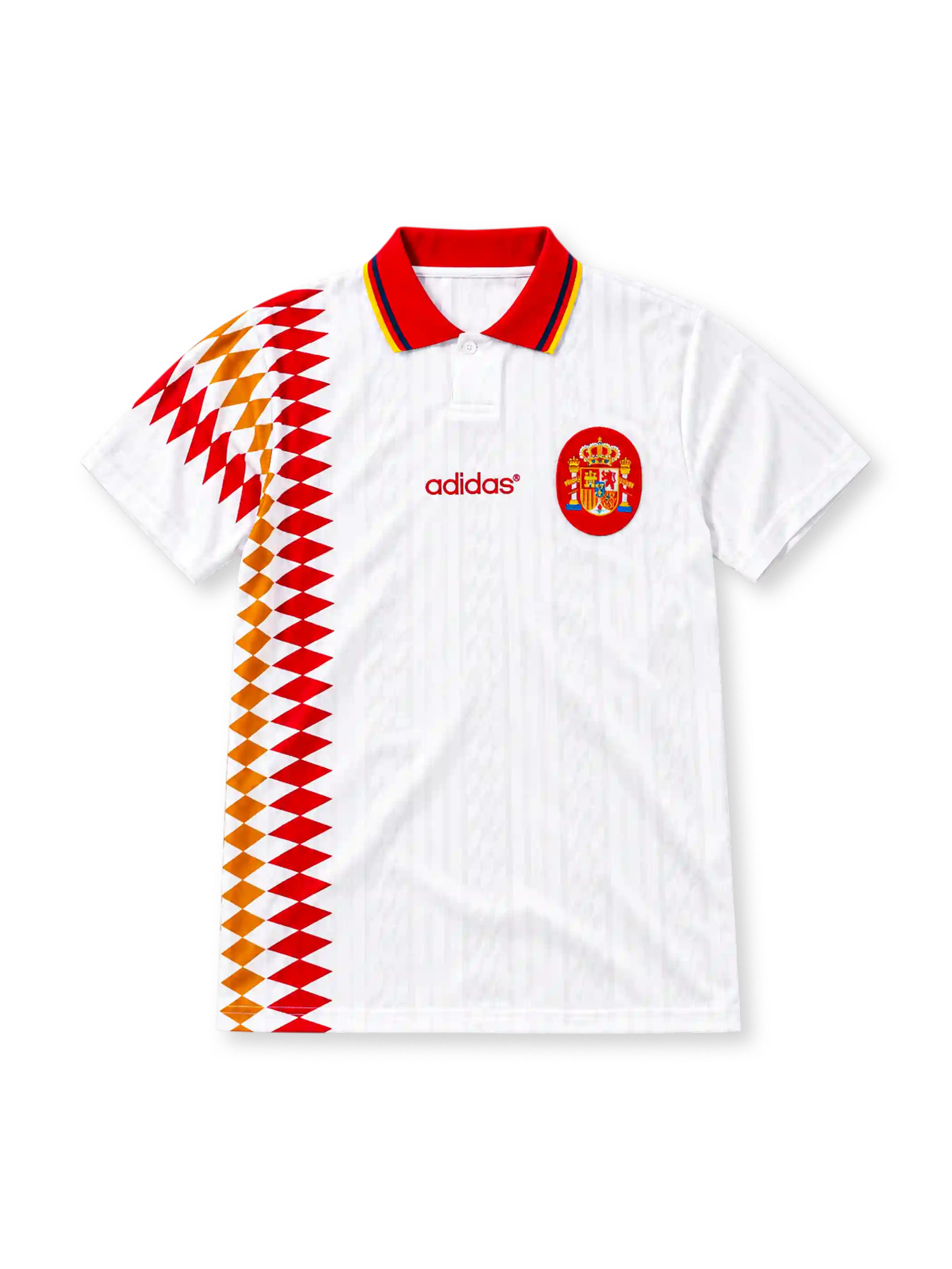 Spain 1994 away jersey in white with red and yellow geometric side graphic and red collar