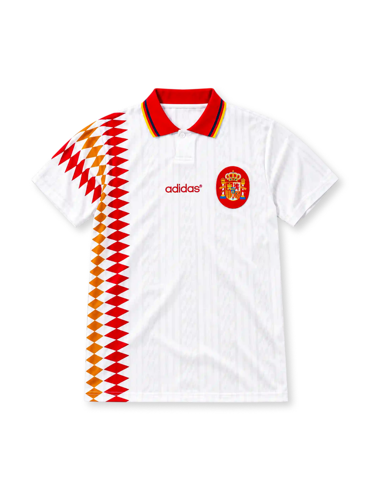 Spain 1994 away jersey in white with red and yellow geometric side graphic and red collar