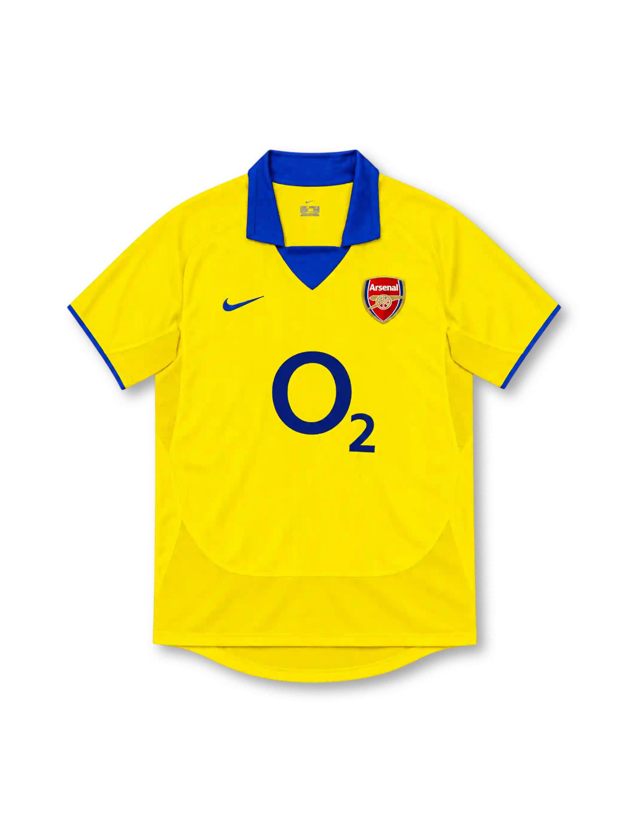 Arsenal 2003/04 yellow away jersey with royal-blue polo collar, blue Nike Swoosh, club crest, navy O2 sponsor and blue sleeve trim.