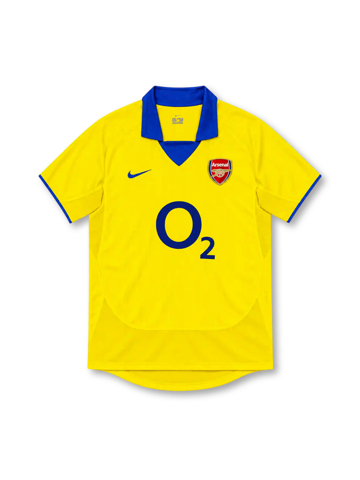 Arsenal 2003/04 yellow away jersey with royal-blue polo collar, blue Nike Swoosh, club crest, navy O2 sponsor and blue sleeve trim.