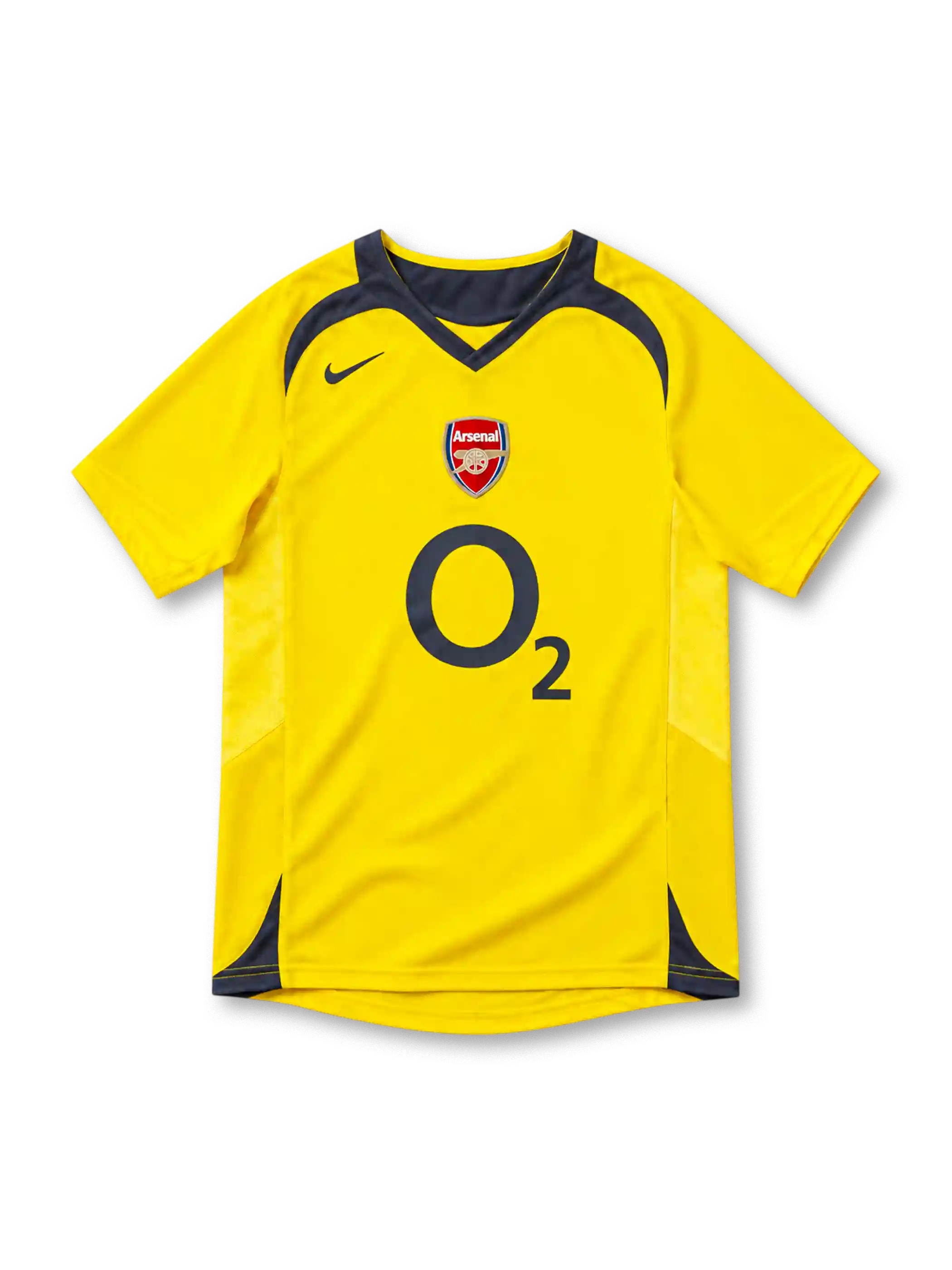 Arsenal 2005/06 yellow away jersey with charcoal V-neck collar, Nike Swoosh, Arsenal crest, O2 sponsor and curved shoulder panels.