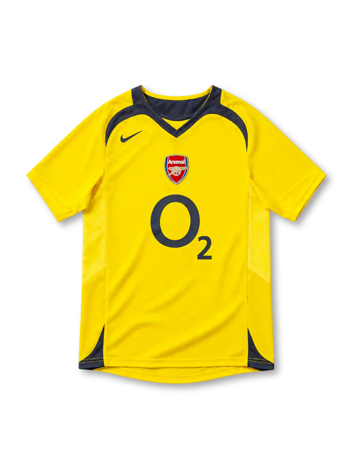 Arsenal 2005/06 yellow away jersey with charcoal V-neck collar, Nike Swoosh, Arsenal crest, O2 sponsor and curved shoulder panels.