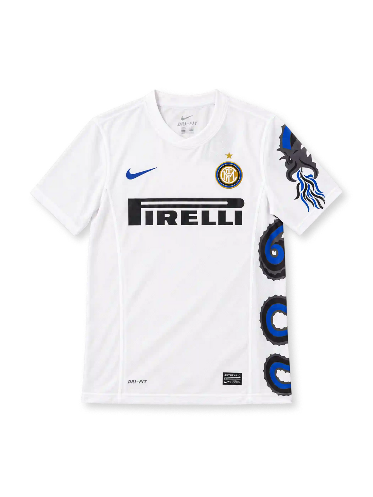 Inter Milan 2010/11 white away jersey with blue-and-black Biscione serpent graphic, blue Nike Swoosh, Pirelli sponsor and gold-star club crest.