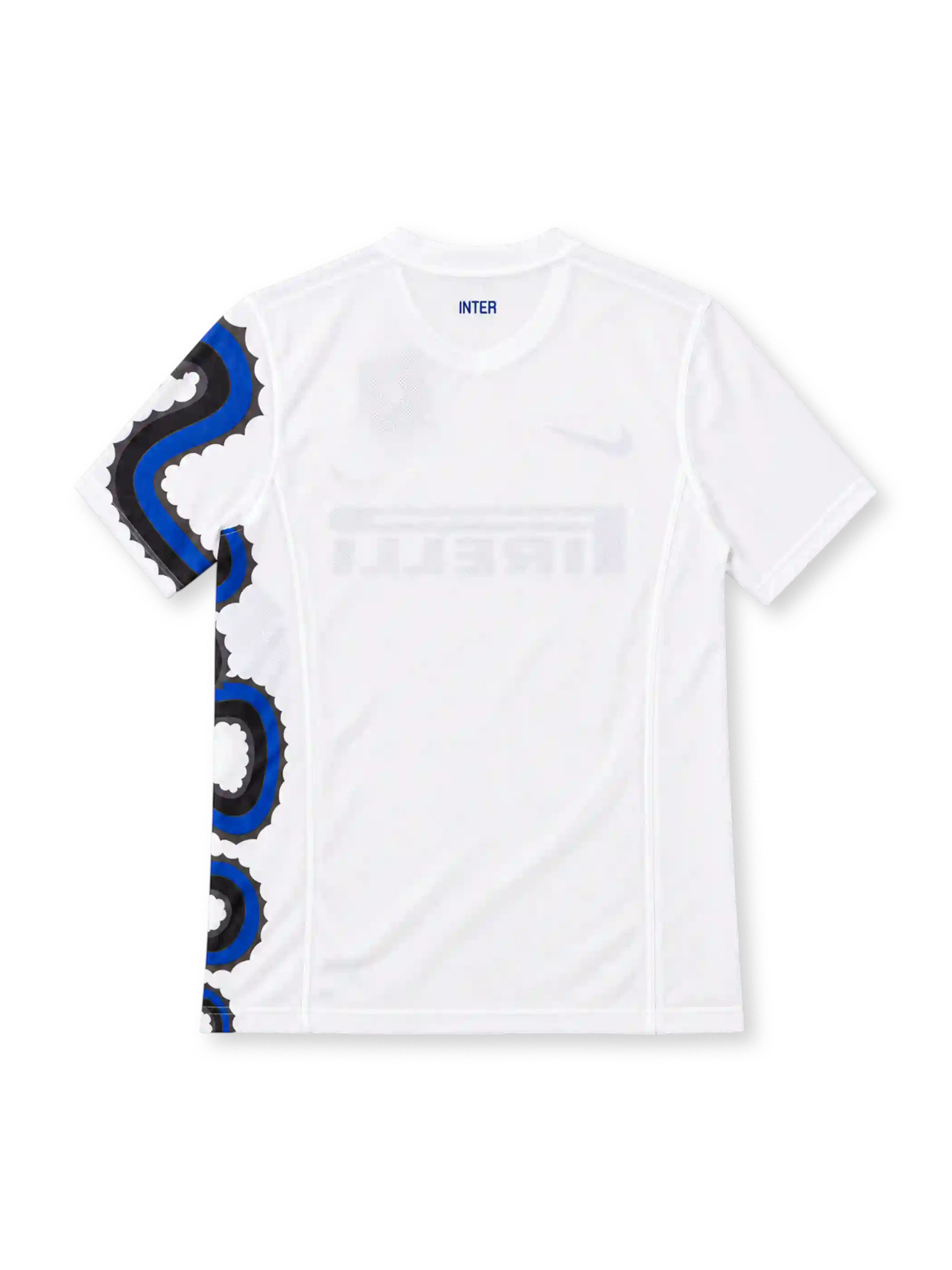 Inter Milan 2010/11 white away jersey with blue-and-black Biscione serpent graphic, blue Nike Swoosh, Pirelli sponsor and gold-star club crest.