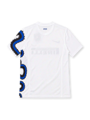 Inter Milan 2010/11 white away jersey with blue-and-black Biscione serpent graphic, blue Nike Swoosh, Pirelli sponsor and gold-star club crest.