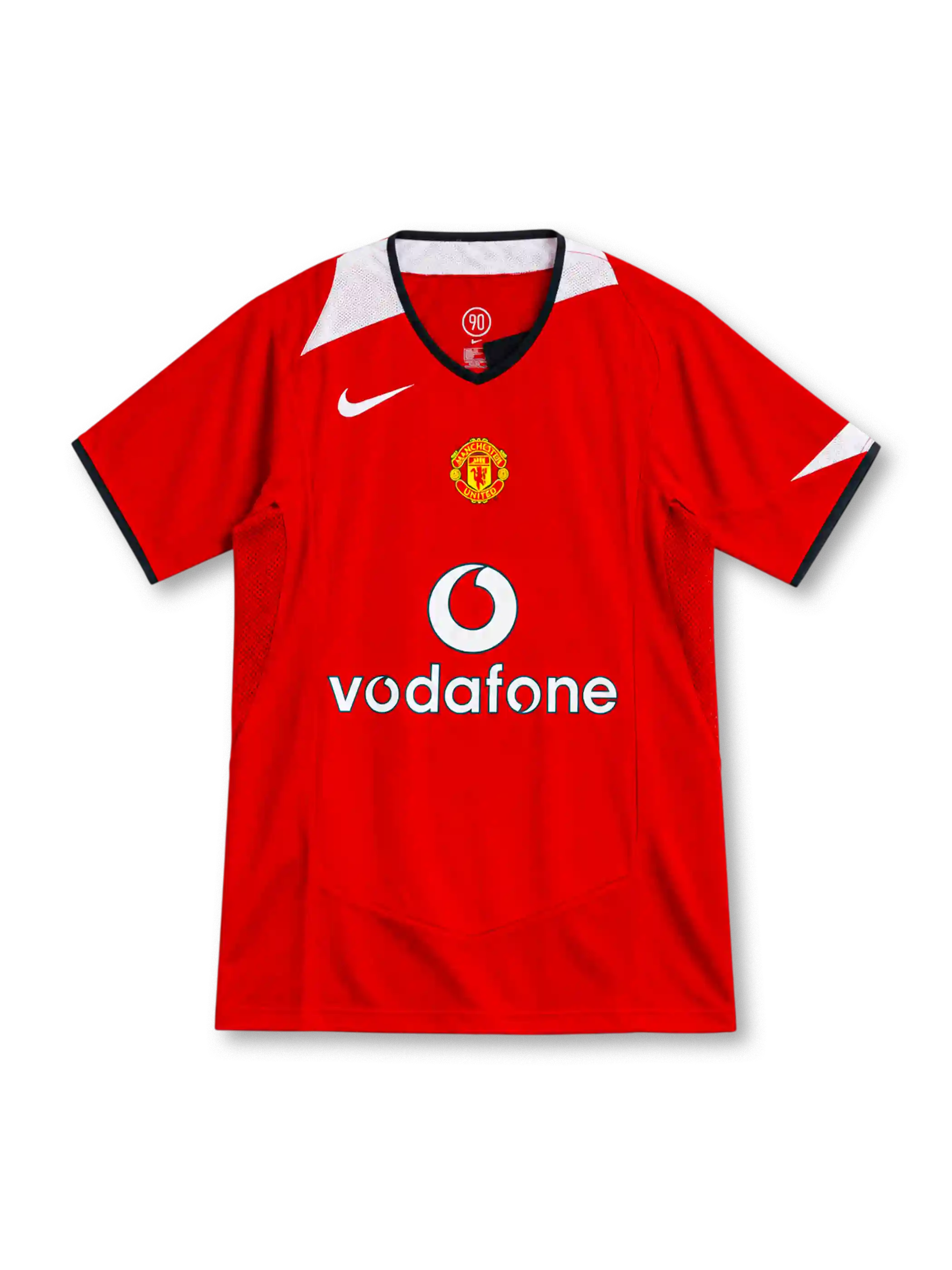 Manchester United 2004–06 red home jersey with white Nike Swoosh, black-trimmed V-neck, white shoulder accents, club crest and Vodafone sponsor.