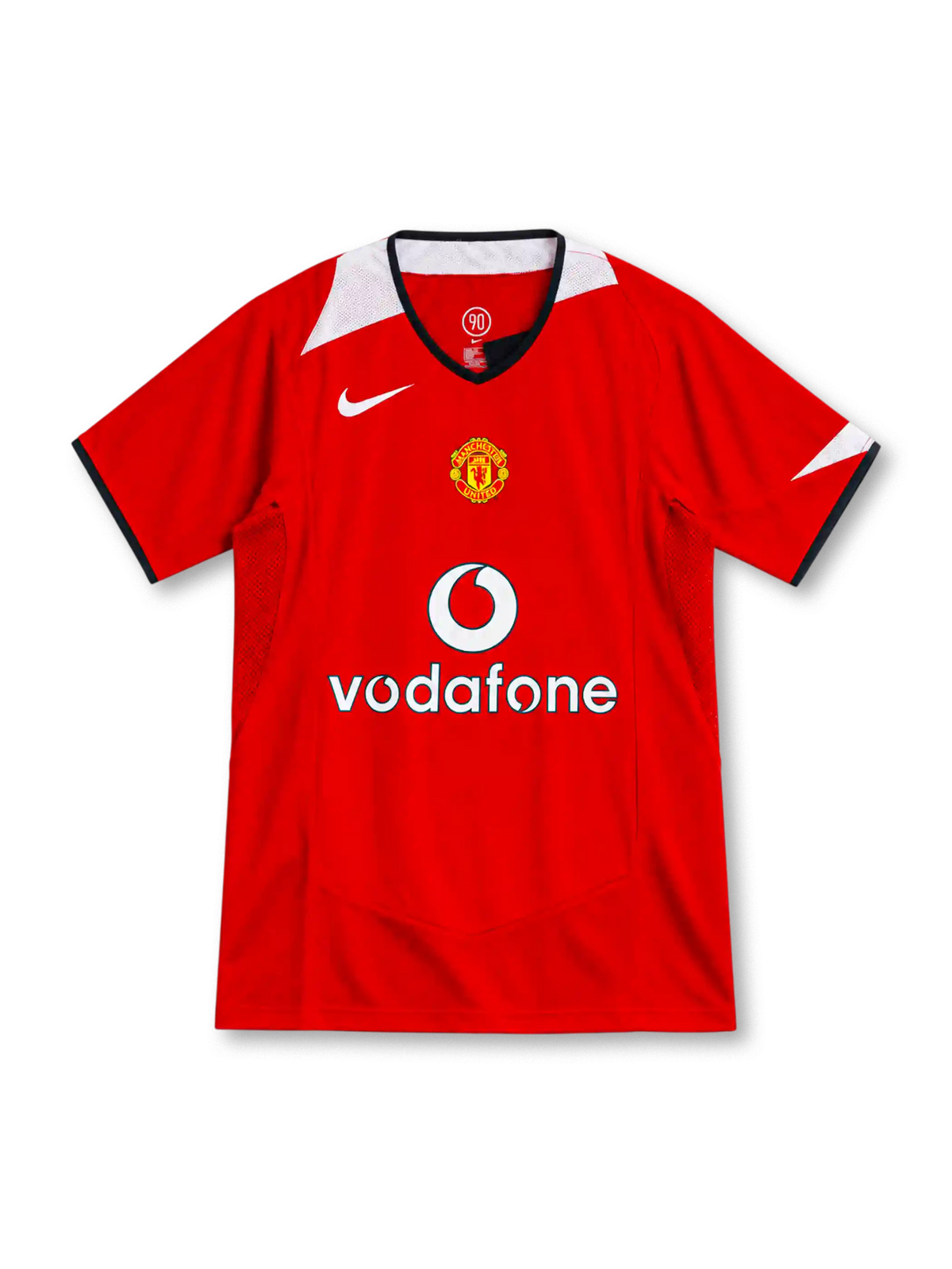 Manchester United 2004–06 red home jersey with white Nike Swoosh, black-trimmed V-neck, white shoulder accents, club crest and Vodafone sponsor.