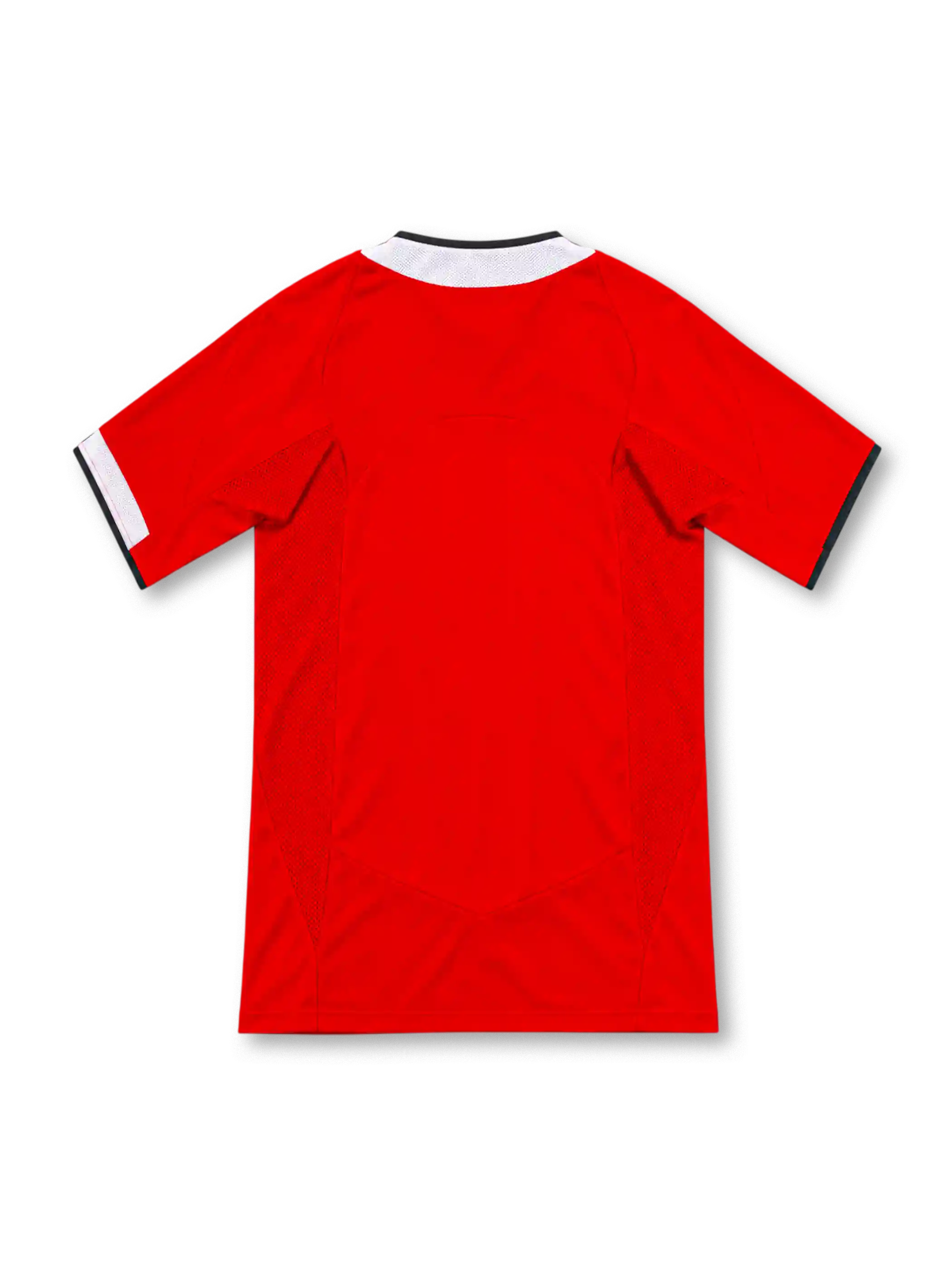 Manchester United 2004–06 red home jersey with white Nike Swoosh, black-trimmed V-neck, white shoulder accents, club crest and Vodafone sponsor.