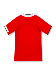 Manchester United 2004–06 red home jersey with white Nike Swoosh, black-trimmed V-neck, white shoulder accents, club crest and Vodafone sponsor.