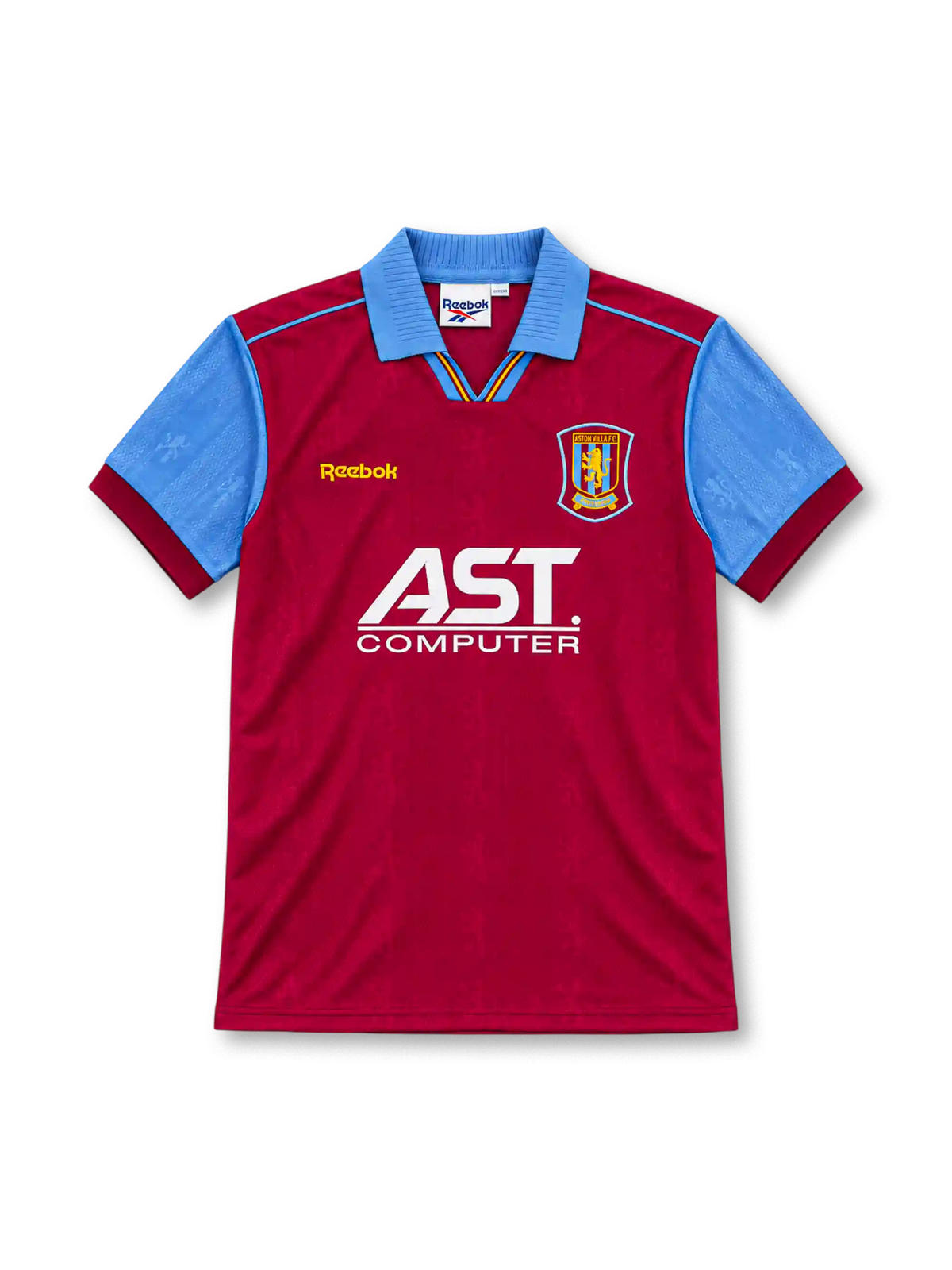 Aston Villa 1995/97 claret home jersey with sky-blue sleeves and collar, yellow Reebok logo, club crest and white AST Computer sponsor.