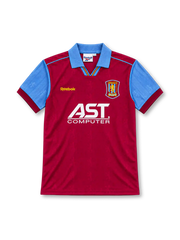 Aston Villa 1995/97 claret home jersey with sky-blue sleeves and collar, yellow Reebok logo, club crest and white AST Computer sponsor.