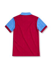 Aston Villa 1995/97 claret home jersey with sky-blue sleeves and collar, yellow Reebok logo, club crest and white AST Computer sponsor.