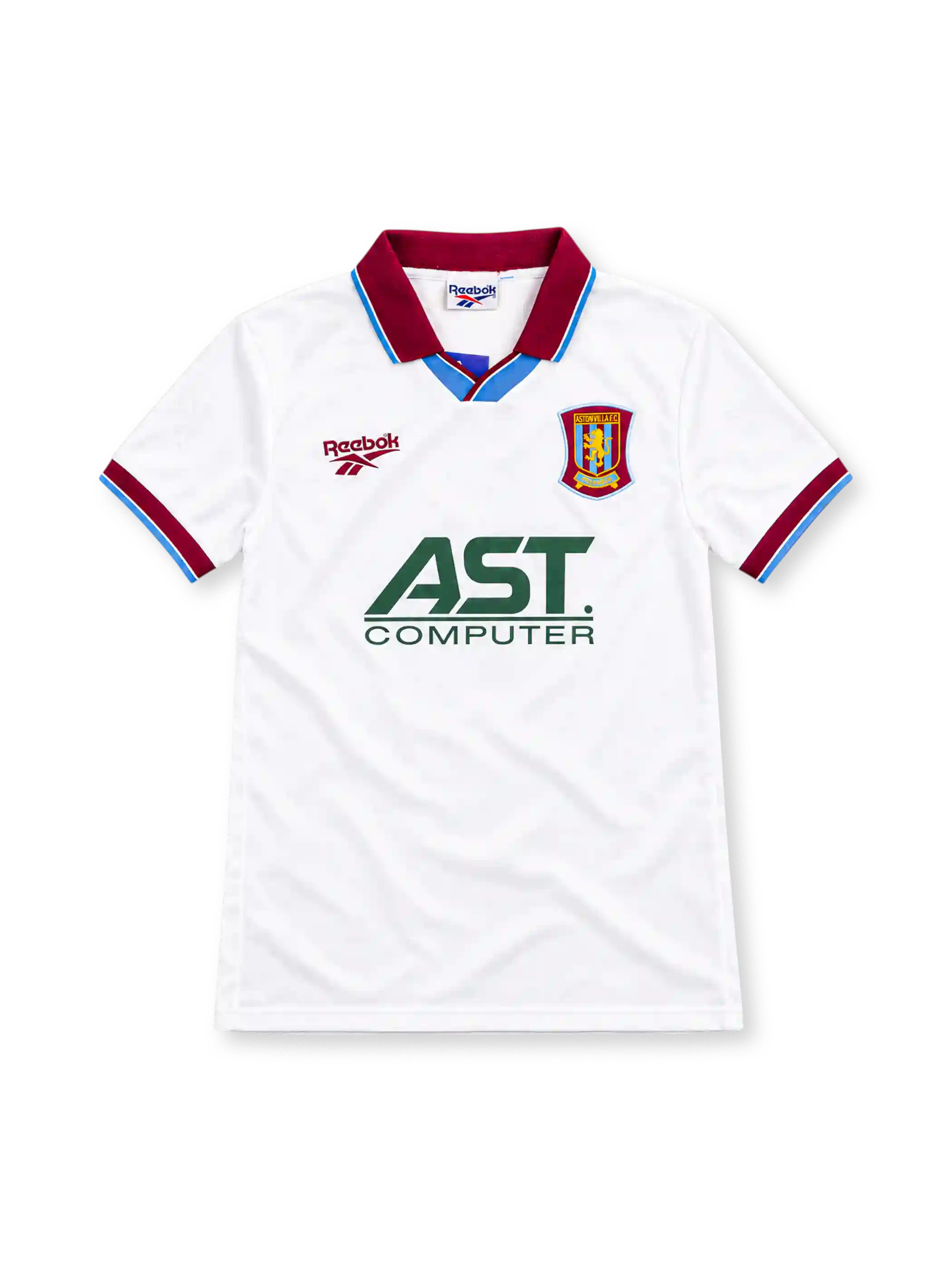 Aston Villa 1996/97 white away jersey with claret polo collar, sky-blue trim, Reebok logo, club crest and green AST Computer sponsor.