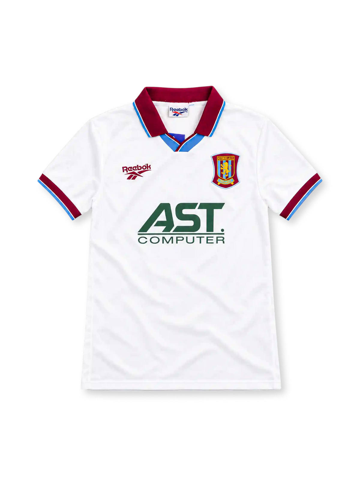 Aston Villa 1996/97 white away jersey with claret polo collar, sky-blue trim, Reebok logo, club crest and green AST Computer sponsor.