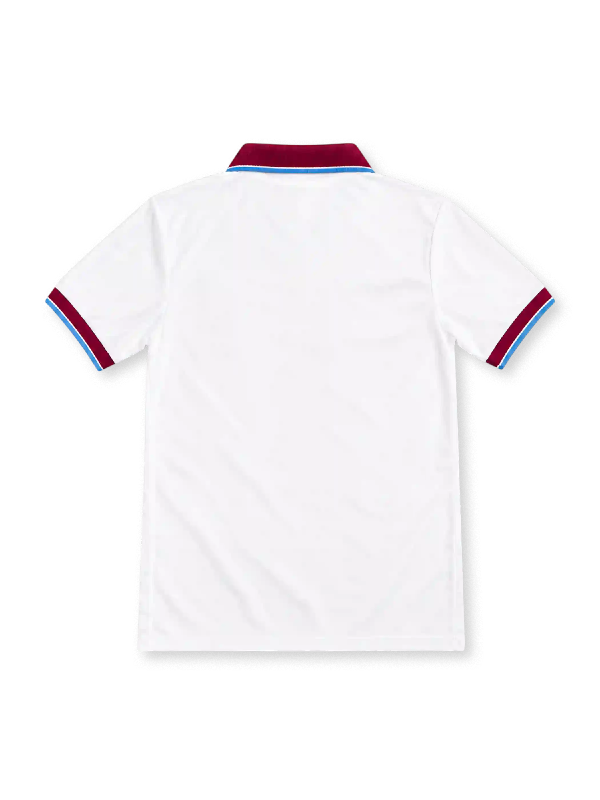 Aston Villa 1996/97 white away jersey with claret polo collar, sky-blue trim, Reebok logo, club crest and green AST Computer sponsor.