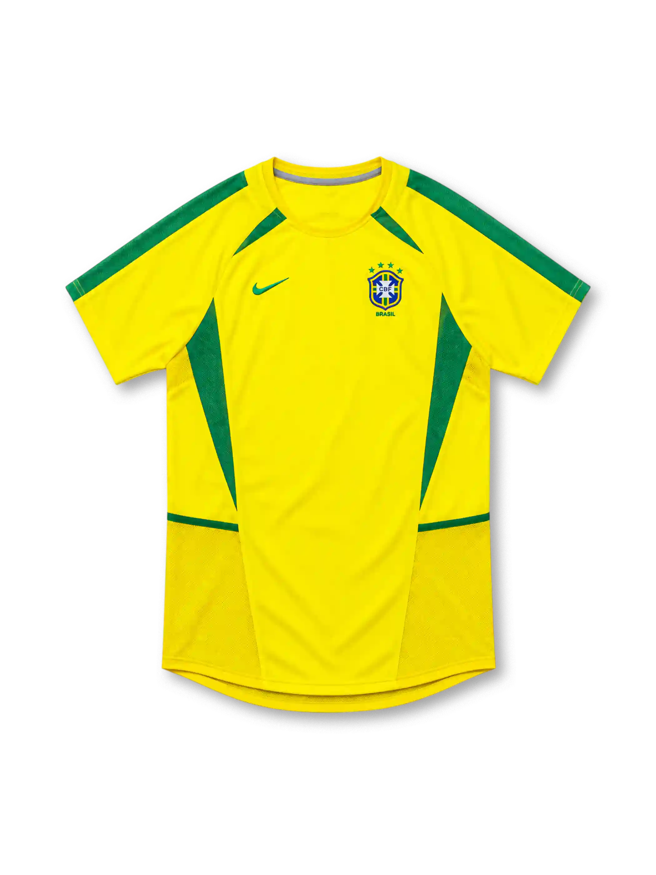 Brazil 2002 yellow home jersey by Nike with green shoulder stripes, curved green side panels, green Nike Swoosh and four-star CBF crest.