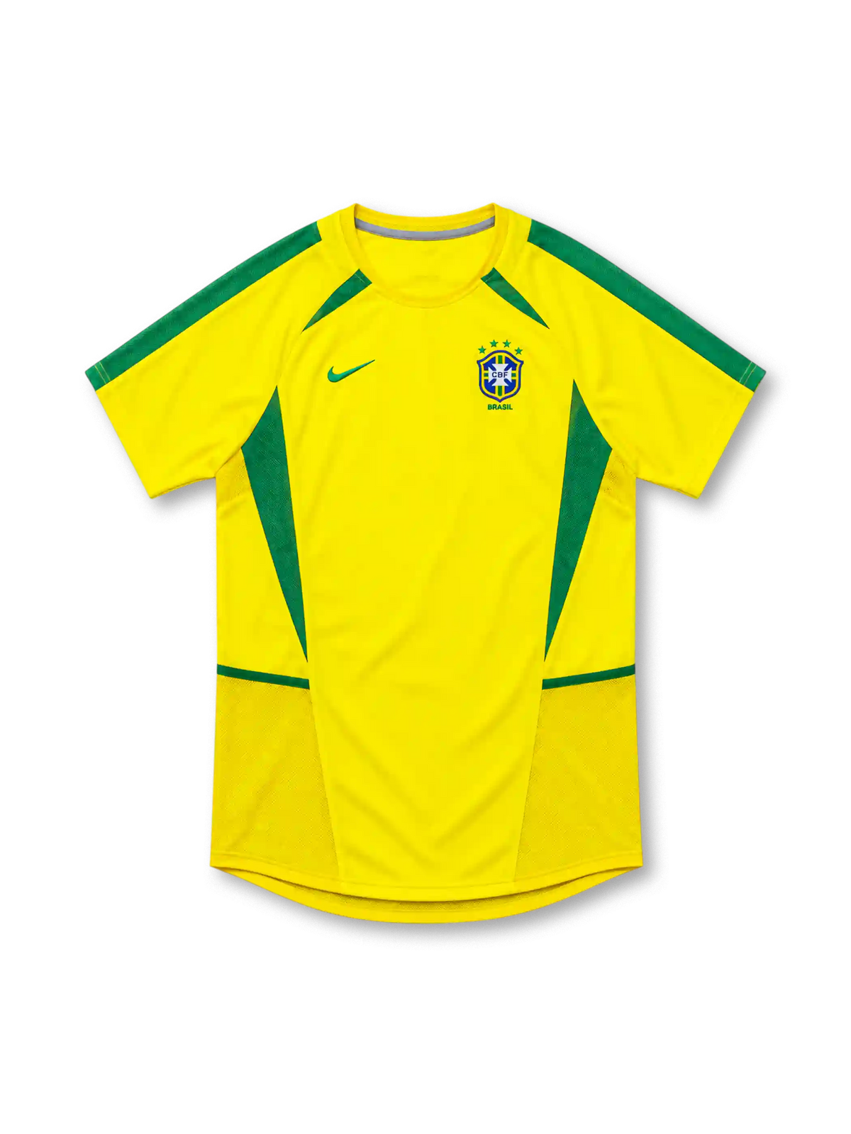 Brazil 2002 yellow home jersey by Nike with green shoulder stripes, curved green side panels, green Nike Swoosh and four-star CBF crest.