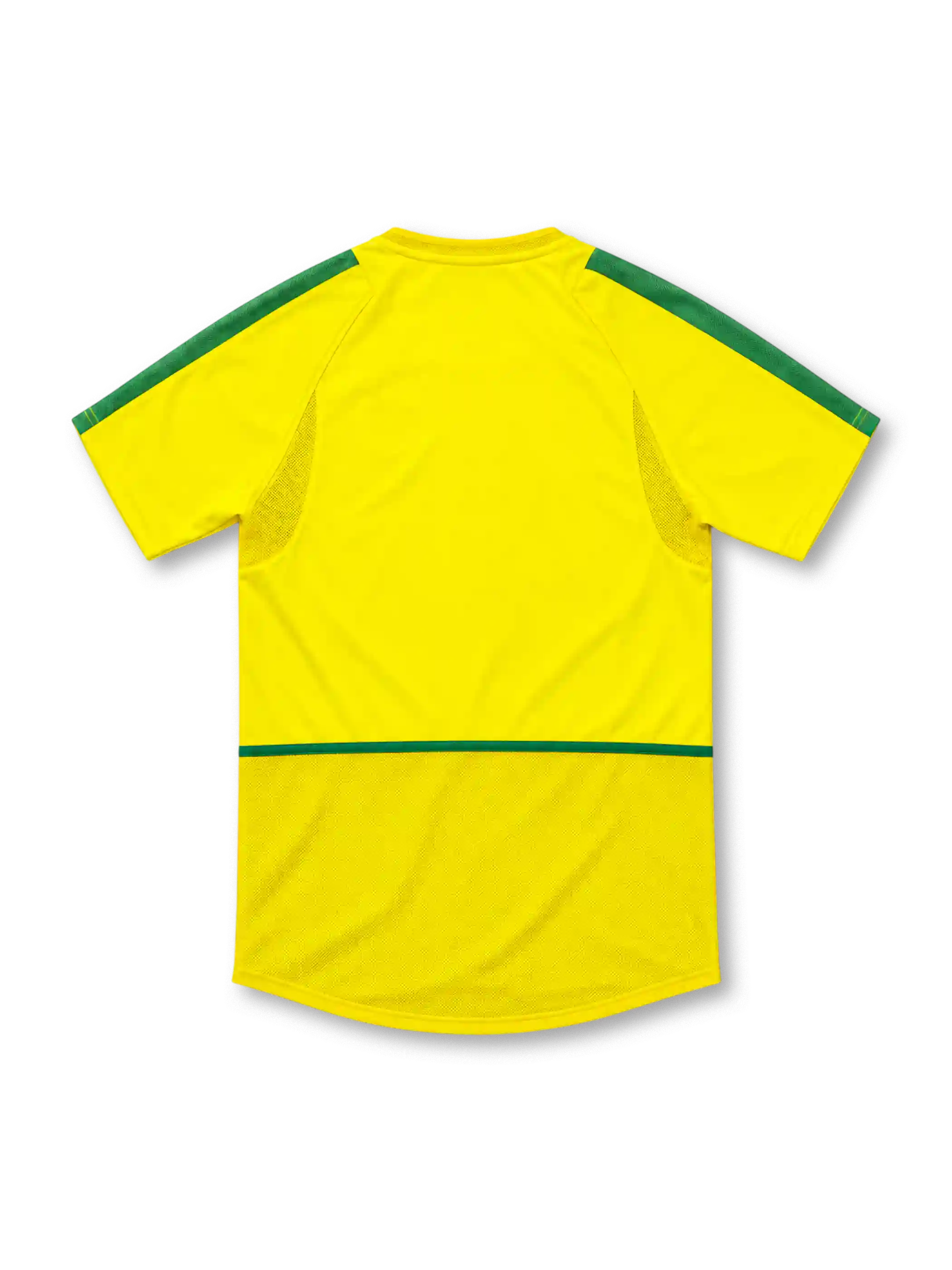 Brazil 2002 yellow home jersey by Nike with green shoulder stripes, curved green side panels, green Nike Swoosh and four-star CBF crest.