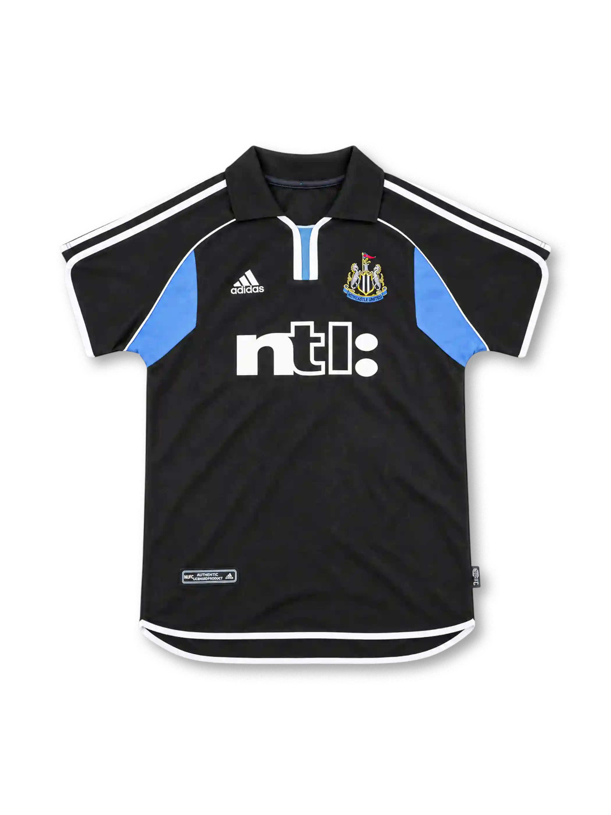Newcastle United 2000/01 black away jersey with sky-blue panels, white adidas shoulder stripes, club crest and ntl: sponsor.