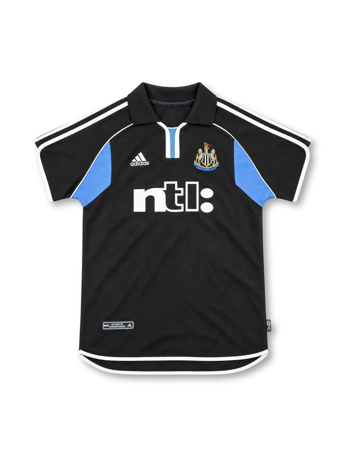 Newcastle United 2000/01 black away jersey with sky-blue panels, white adidas shoulder stripes, club crest and ntl: sponsor.