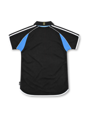 Newcastle United 2000/01 black away jersey with sky-blue panels, white adidas shoulder stripes, club crest and ntl: sponsor.