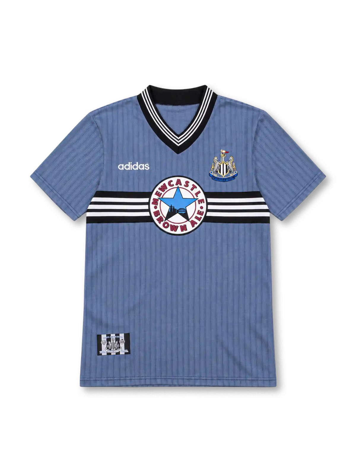 Newcastle United 1995/96 sky-blue away jersey with black-and-white chest stripes, white adidas logo, club crest and Newcastle Brown Ale sponsor.
