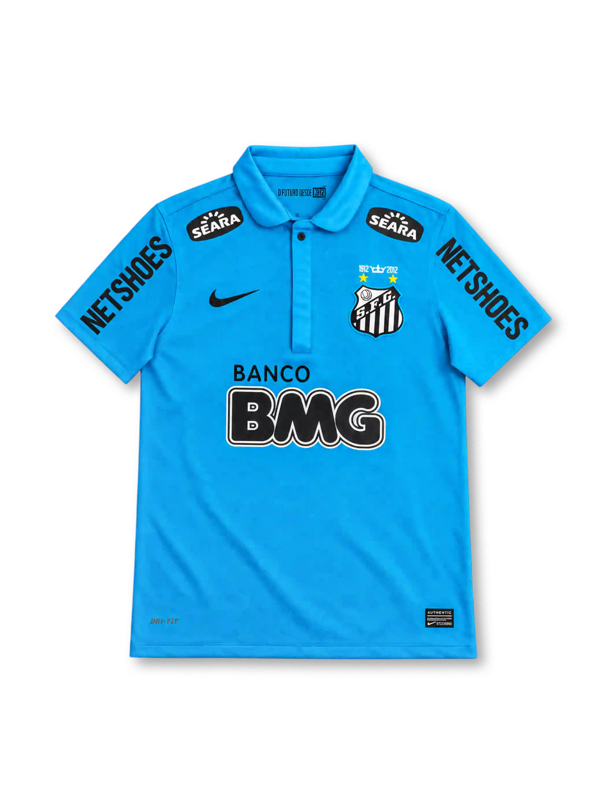 Santos FC 2012 turquoise-blue third jersey with Nike Swoosh, 1912–2012 centenary crest, Banco BMG sponsor, Seara patches and Netshoes sleeve branding.