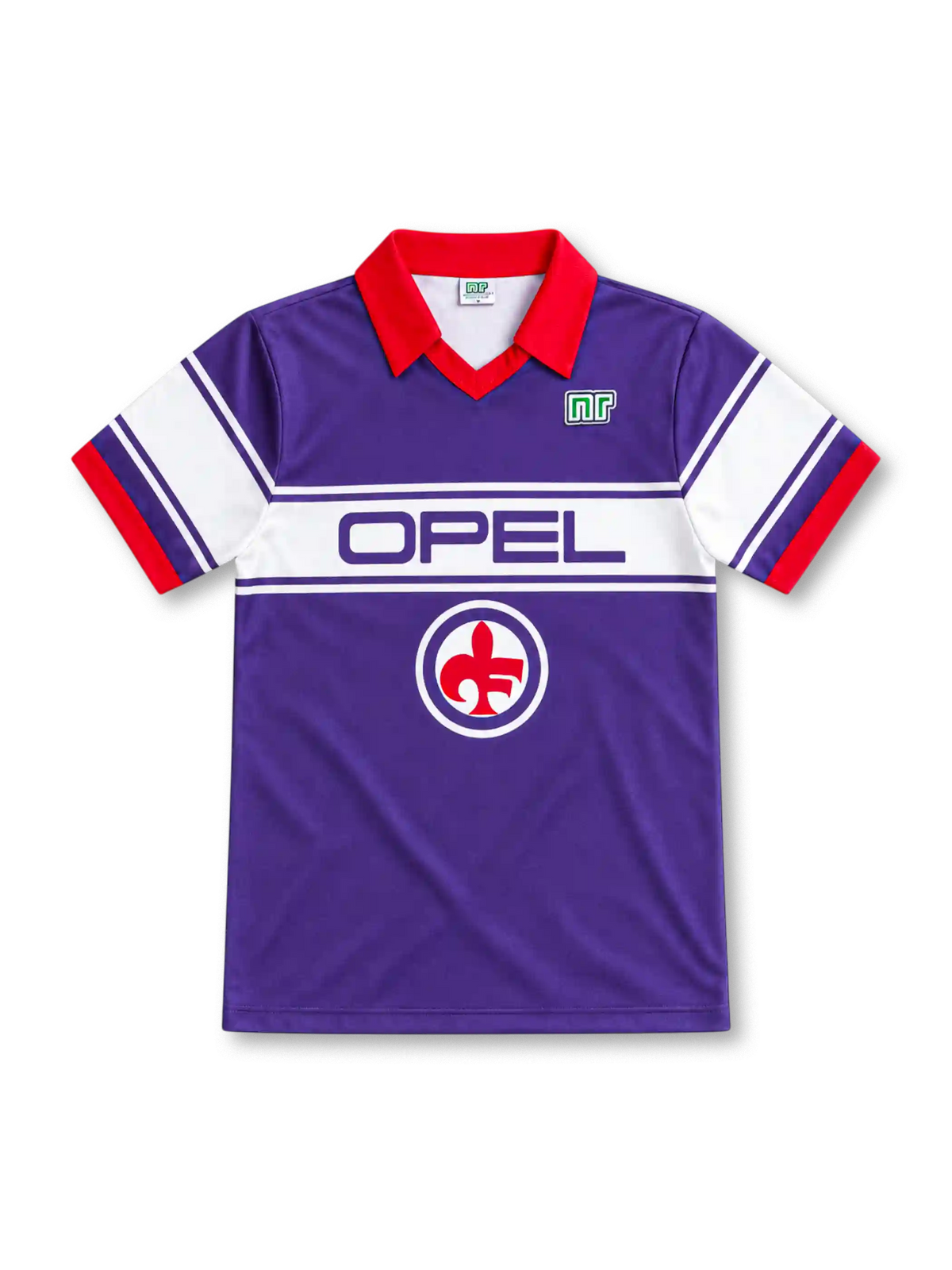 Fiorentina 1983–85 purple home jersey with red polo collar, white chest and sleeve bands, Opel sponsor, Ennerre logo and red fleur-de-lis emblem.