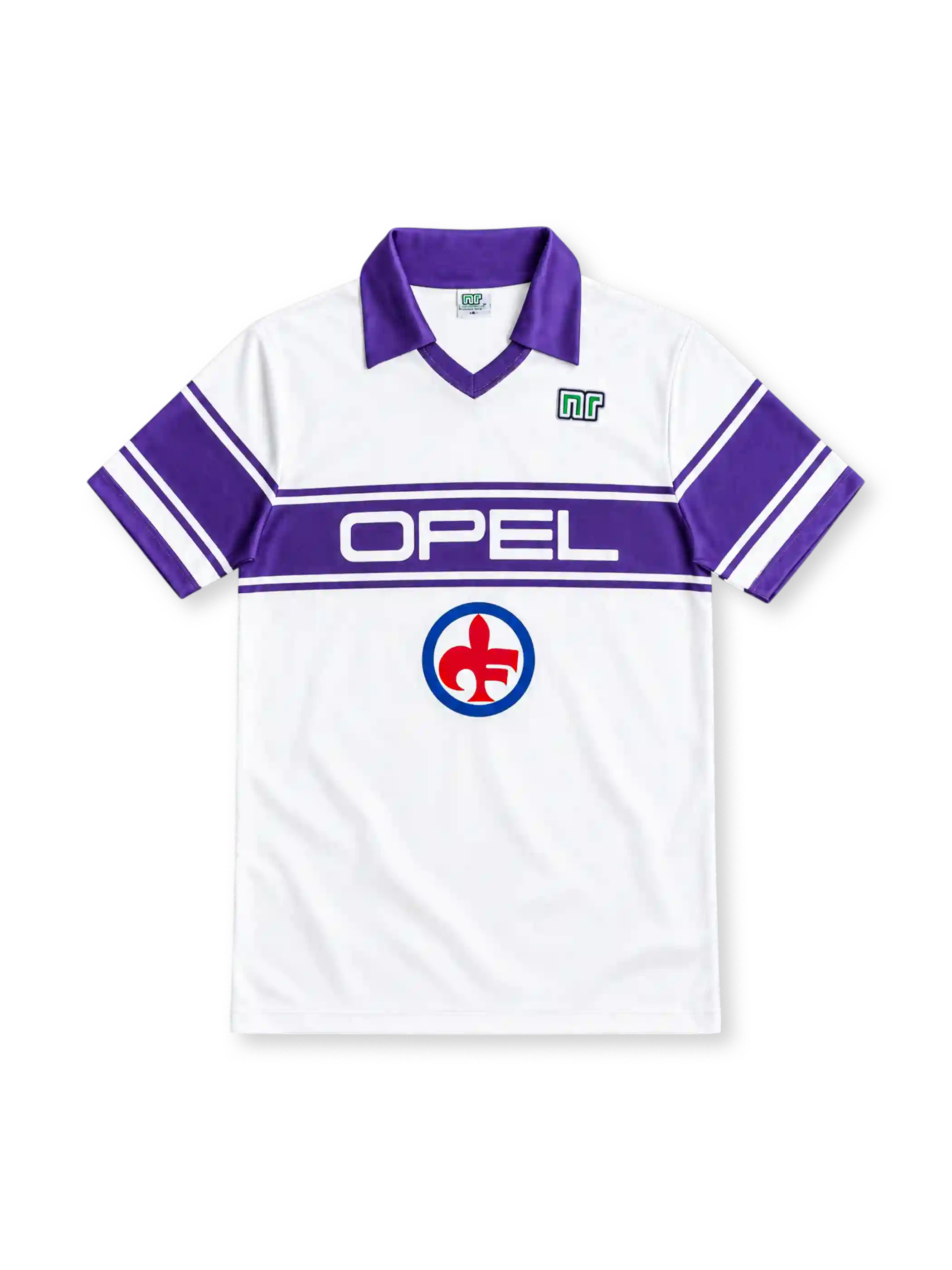 Fiorentina 1983–85 white away jersey with purple polo collar, striped sleeves, Opel chest sponsor, Ennerre logo and red fleur-de-lis emblem.